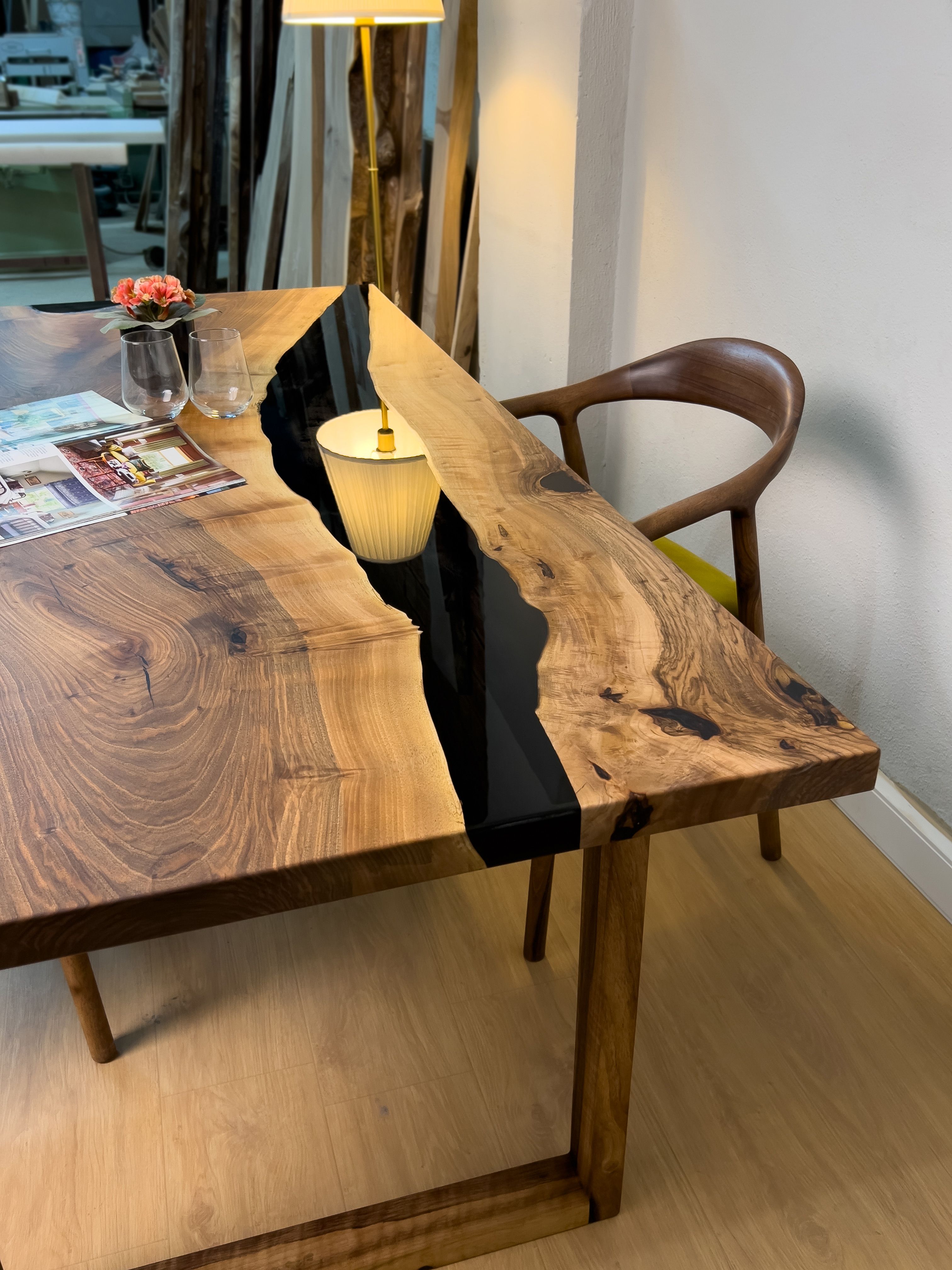 Black River Walnut Epoxy Table with Wooden Legs