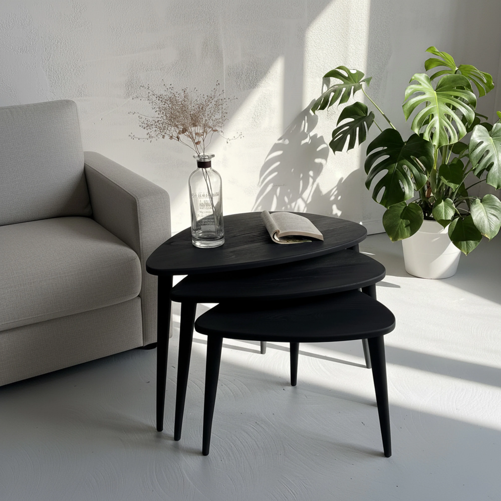 Ercol Stil Ahşap Zigon Sehpa Seti | 3’lü Retro Modern Tasarım | Masif Ağaç Yan Sehpa Takımı - Siyah