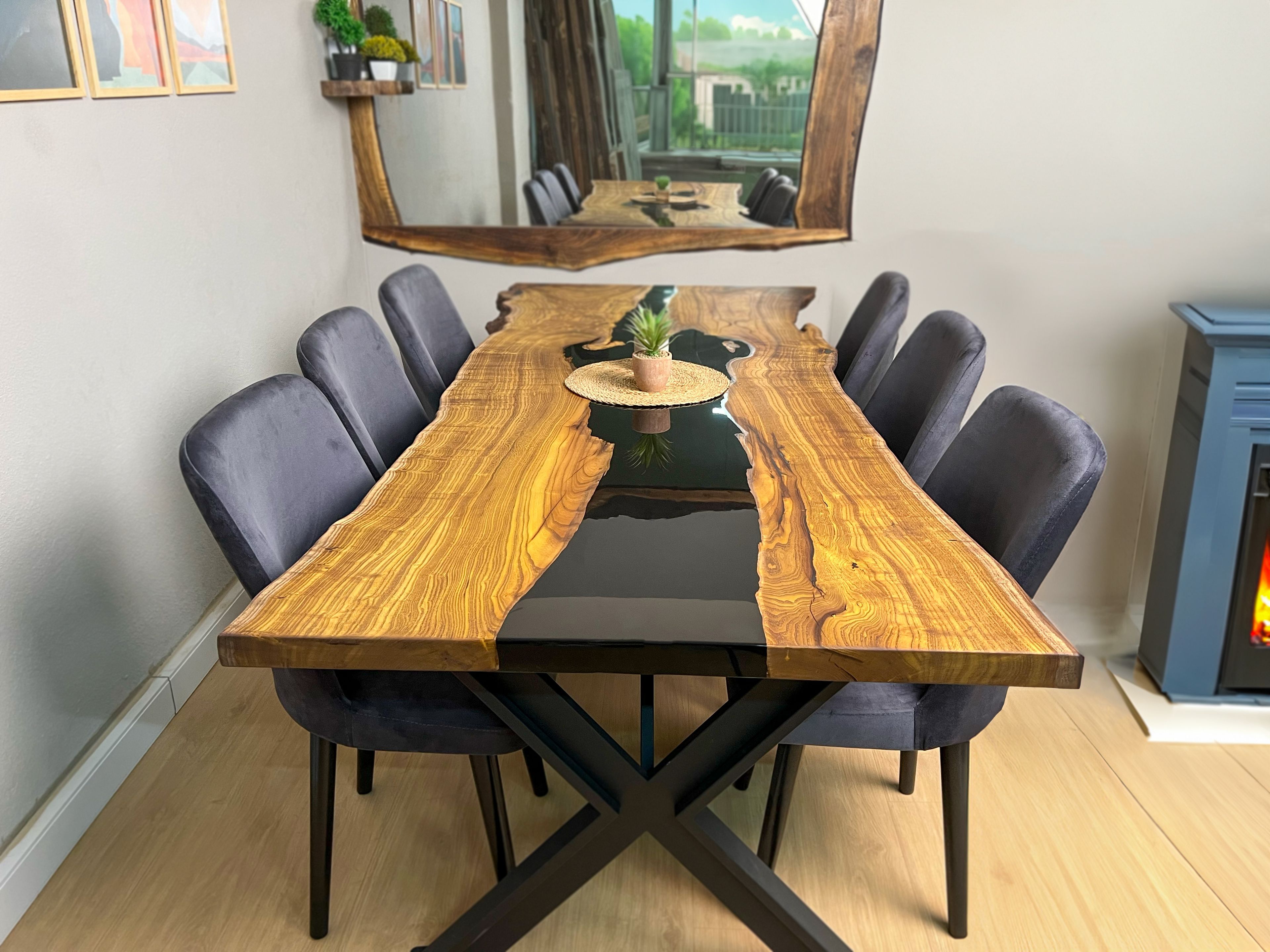 Black River Epoxy Dining Table in Live Edge Cracked Mulberry Slab, Quick Ship