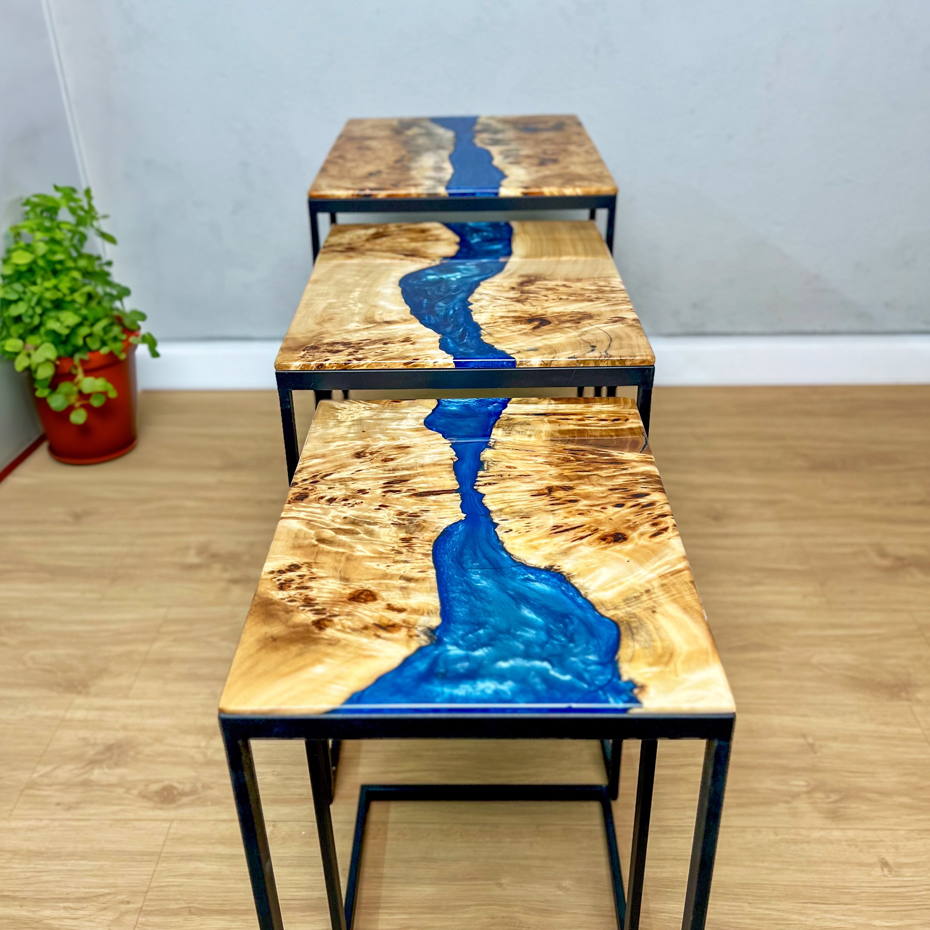 C Shaped Side Table with Blue River Epoxy in Maple Burl Wood