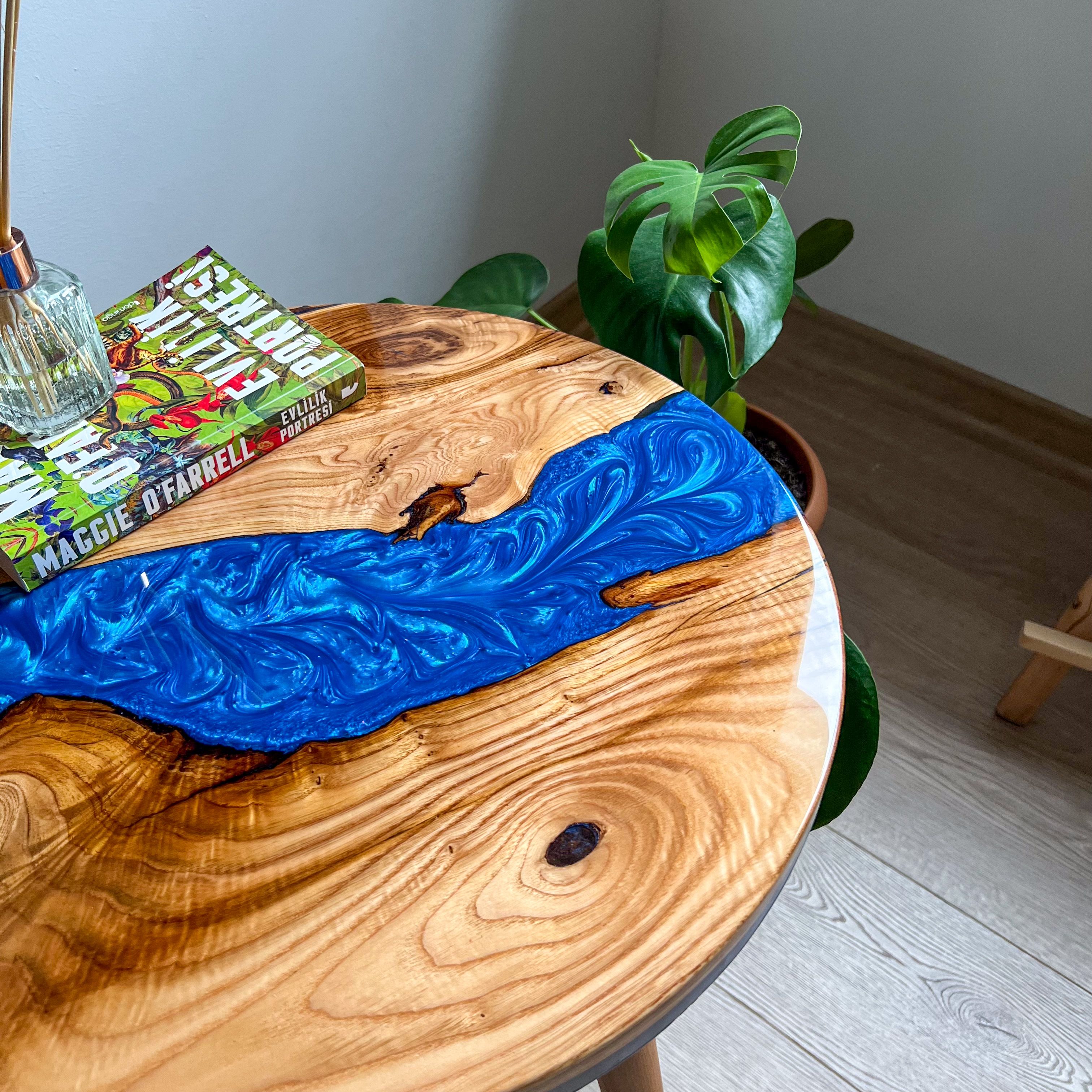 Handmade Chestnut Wood and Blue Epoxy Round Side Table | Gloss Finish