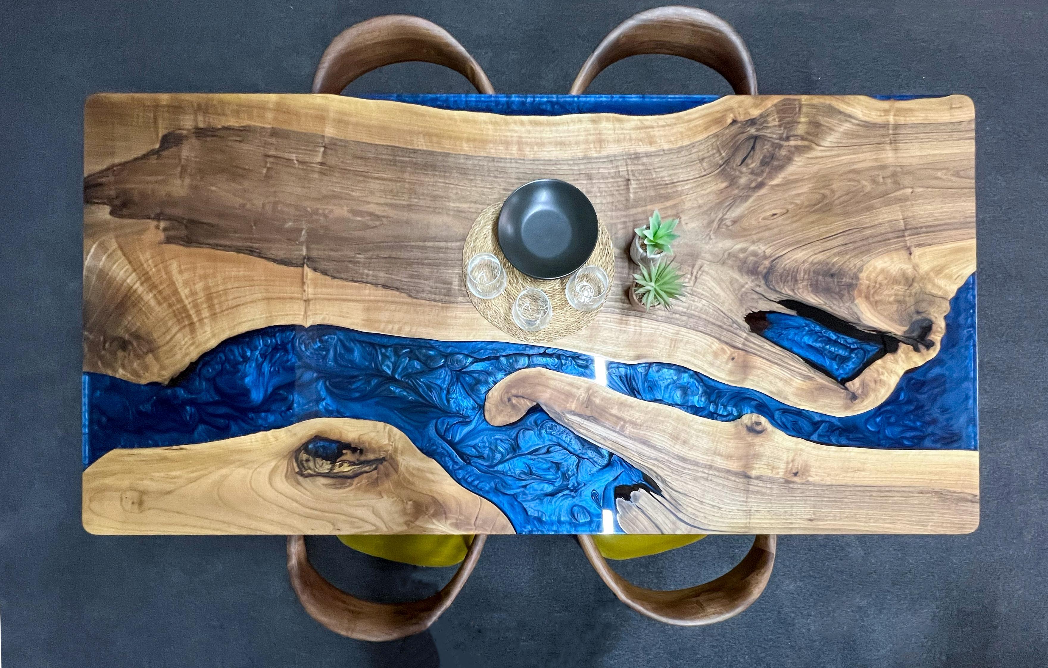 Blue River Table with Epoxy Resin and Walnut Wood