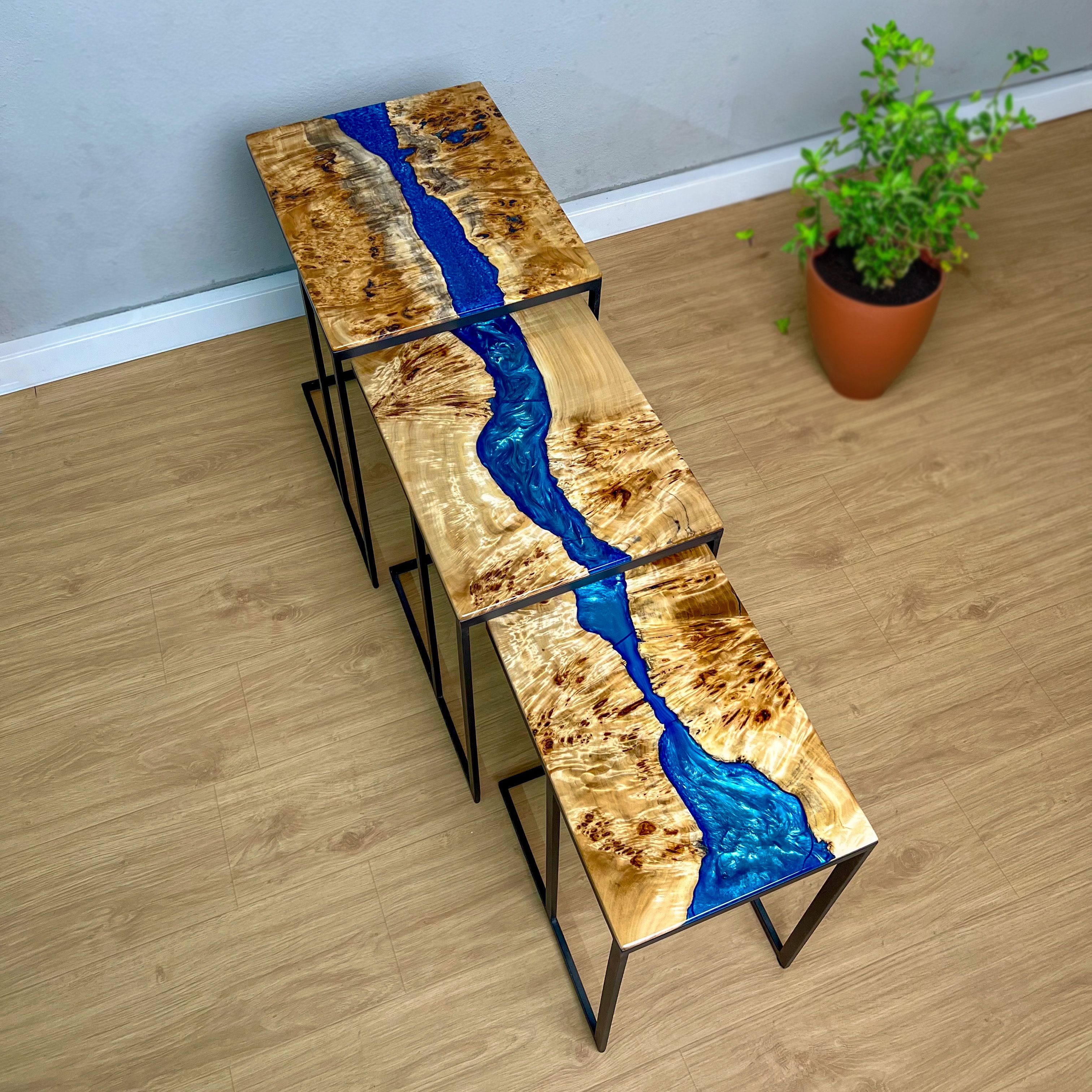 C Shaped Side Table with Blue River Epoxy in Maple Burl Wood