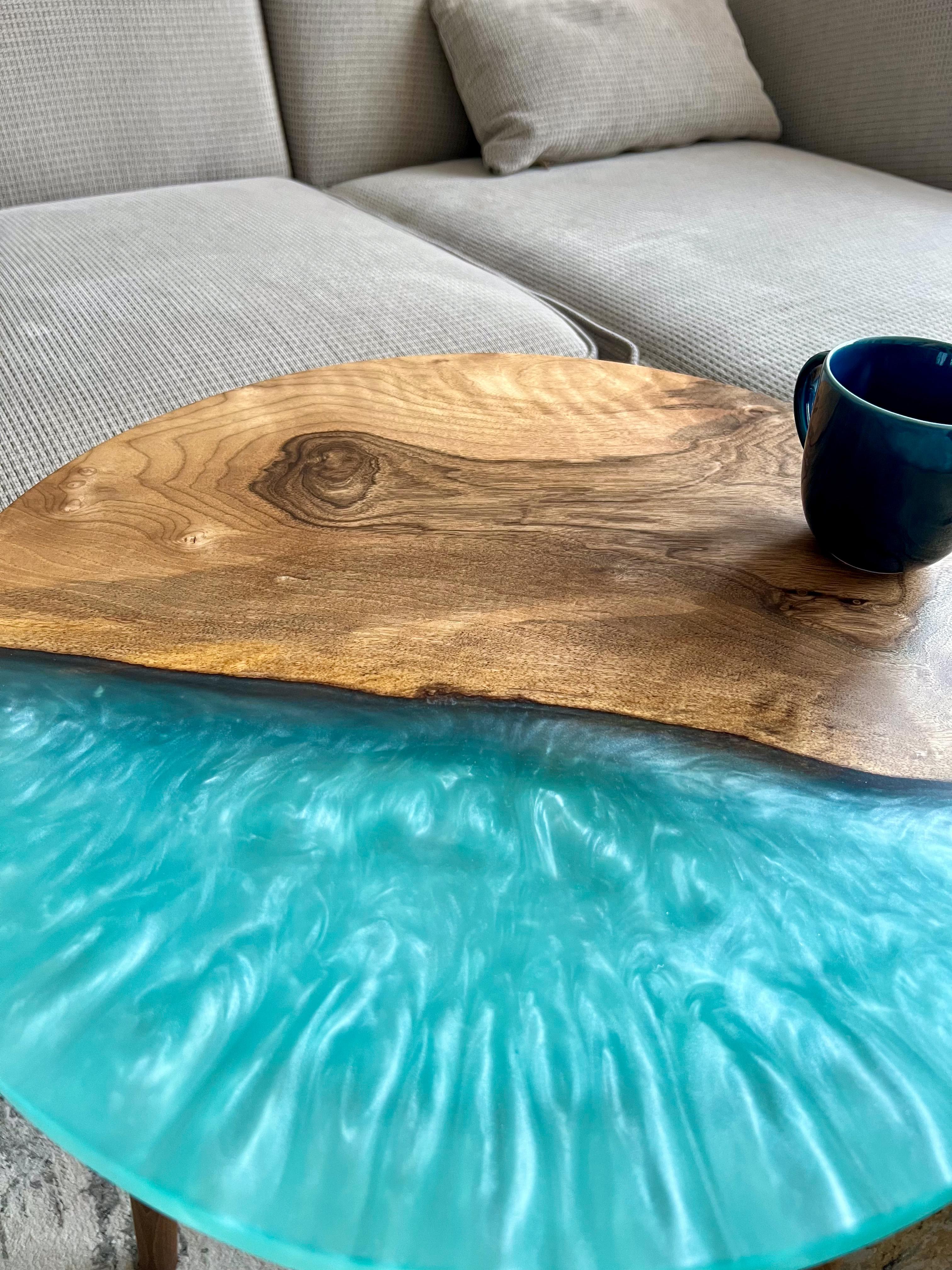 20" Round Walnut Resin Table with Blue Epoxy