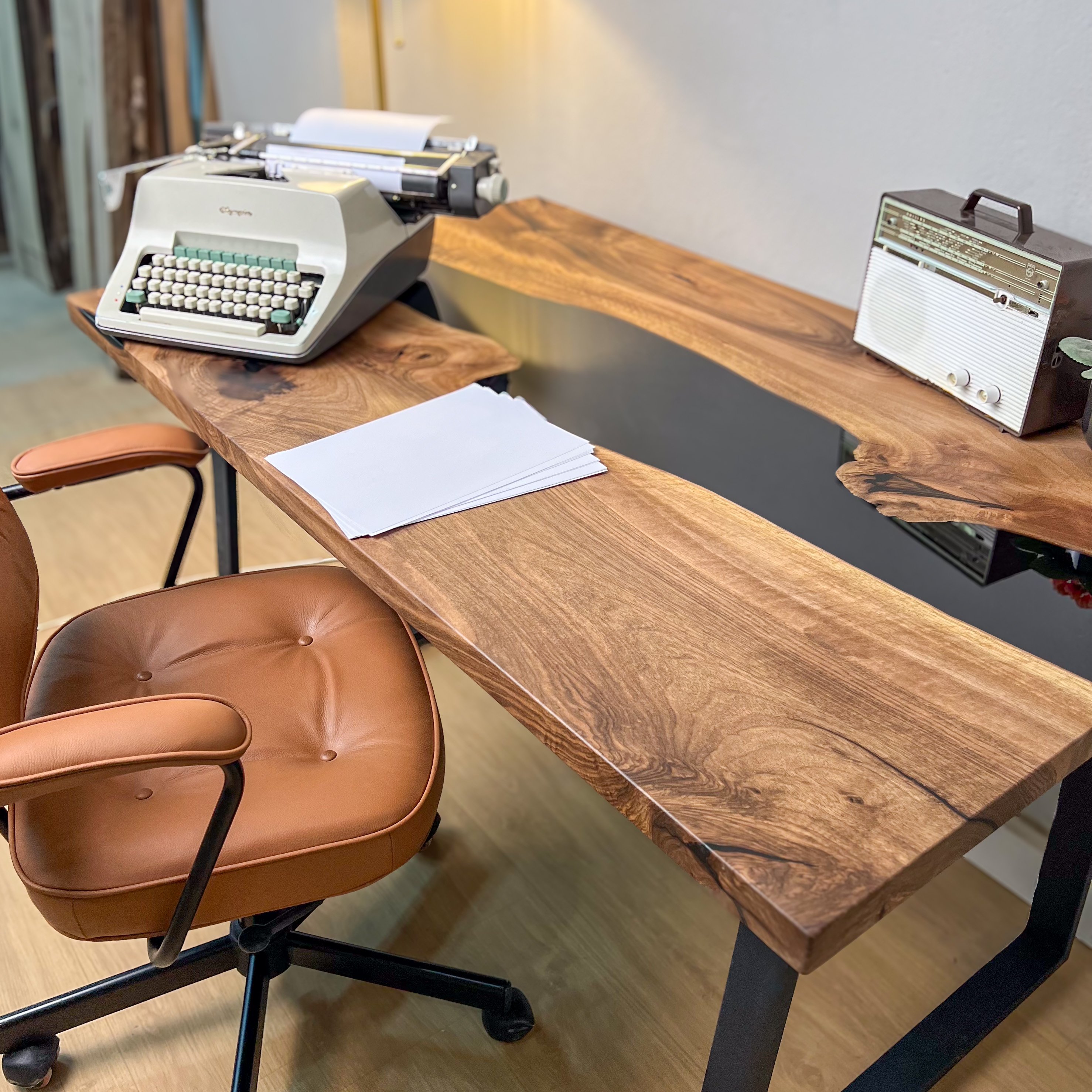 Black River Epoxy Office Desk, Solid Walnut Wood