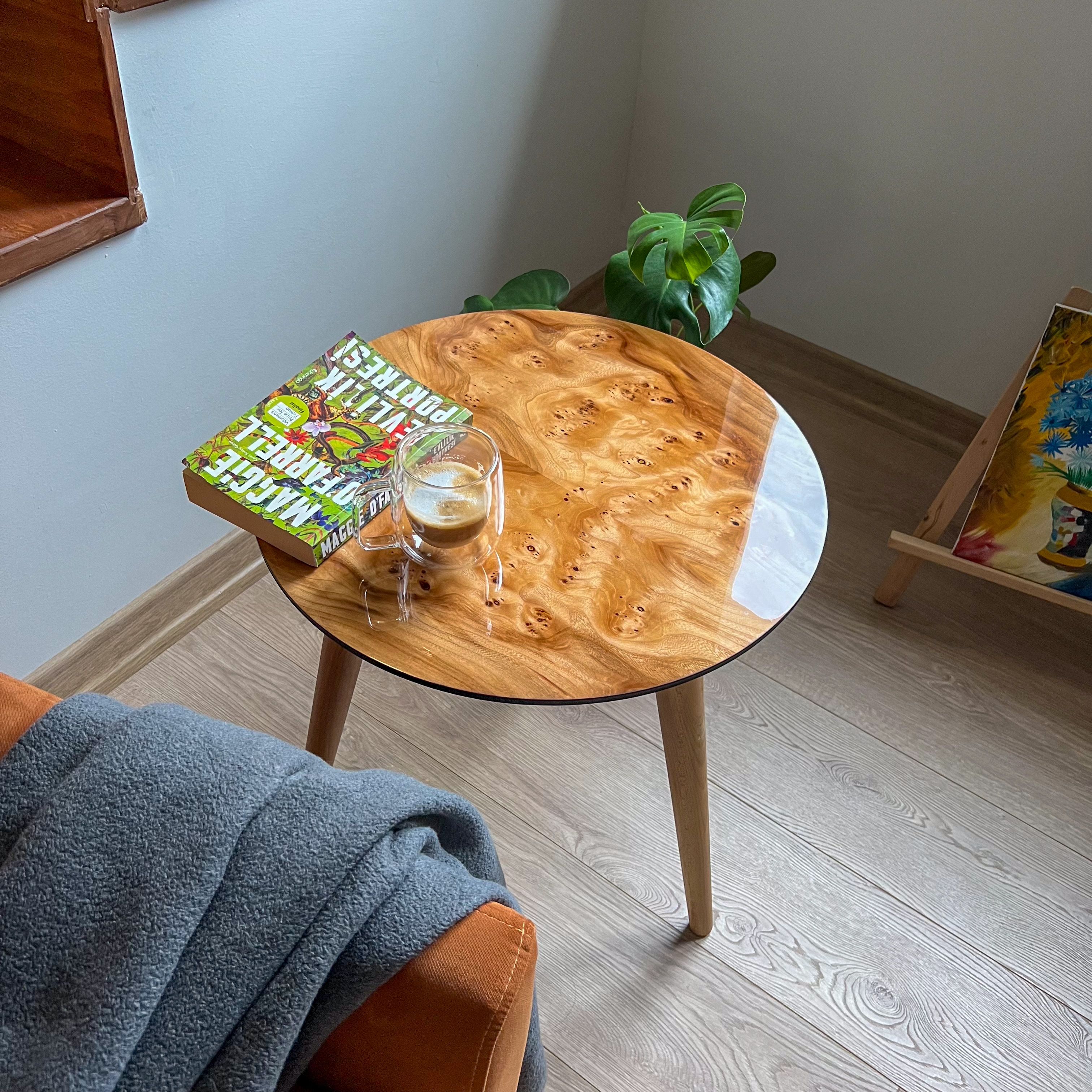Natural wood Veneer Side Table | Glossy Finish – Walnut or Elm Options - Karaağaç