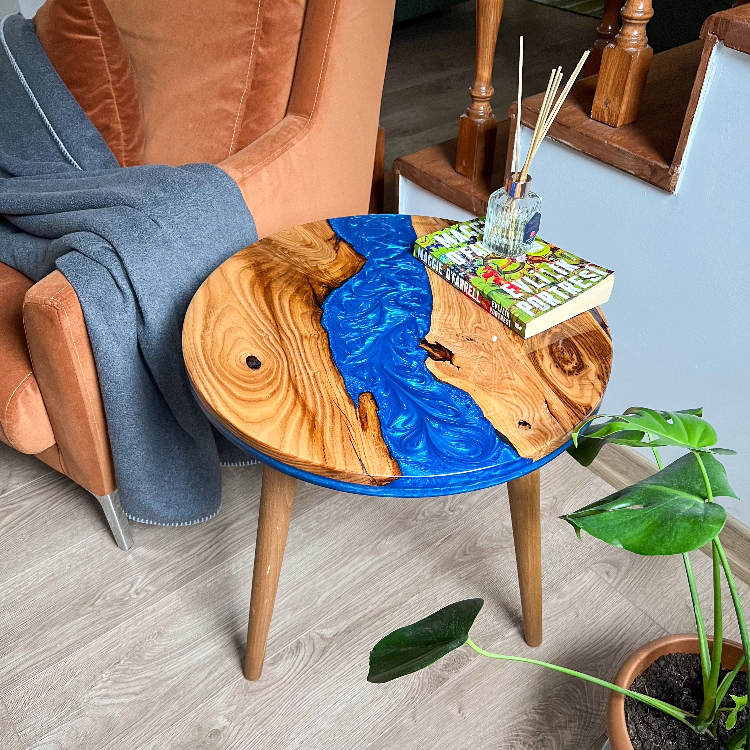 Handmade Chestnut Wood and Blue Epoxy Round Side Table | Gloss Finish