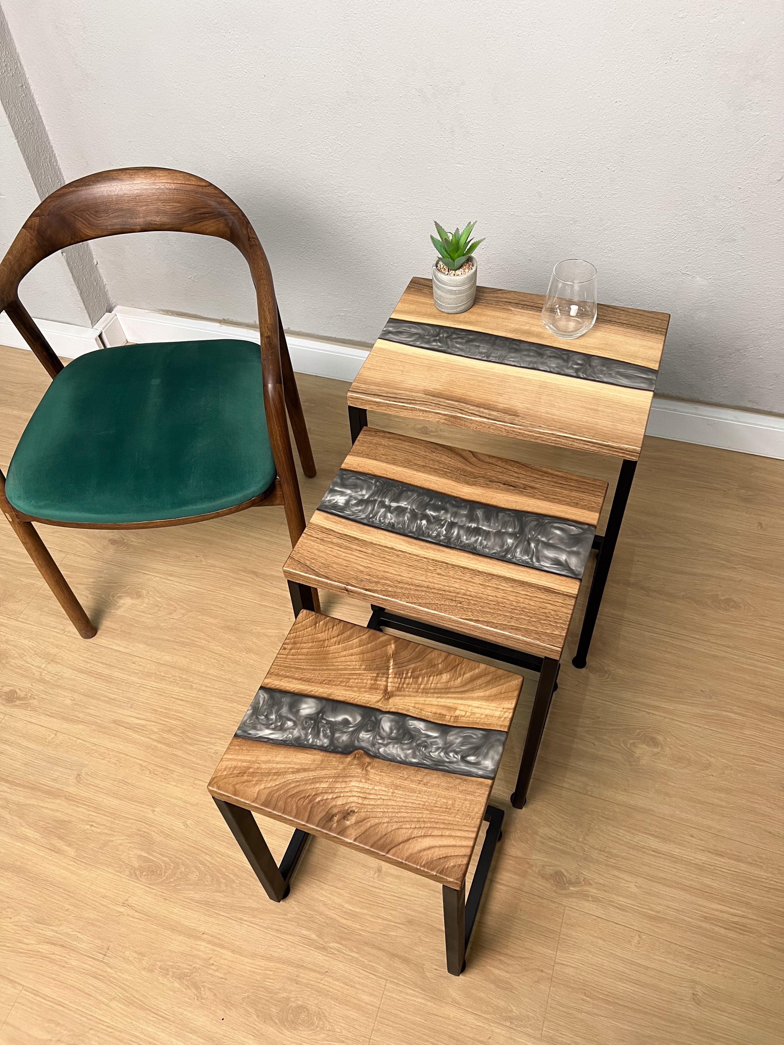 C Shaped Side Table with Blue River Epoxy in Maple Burl Wood image