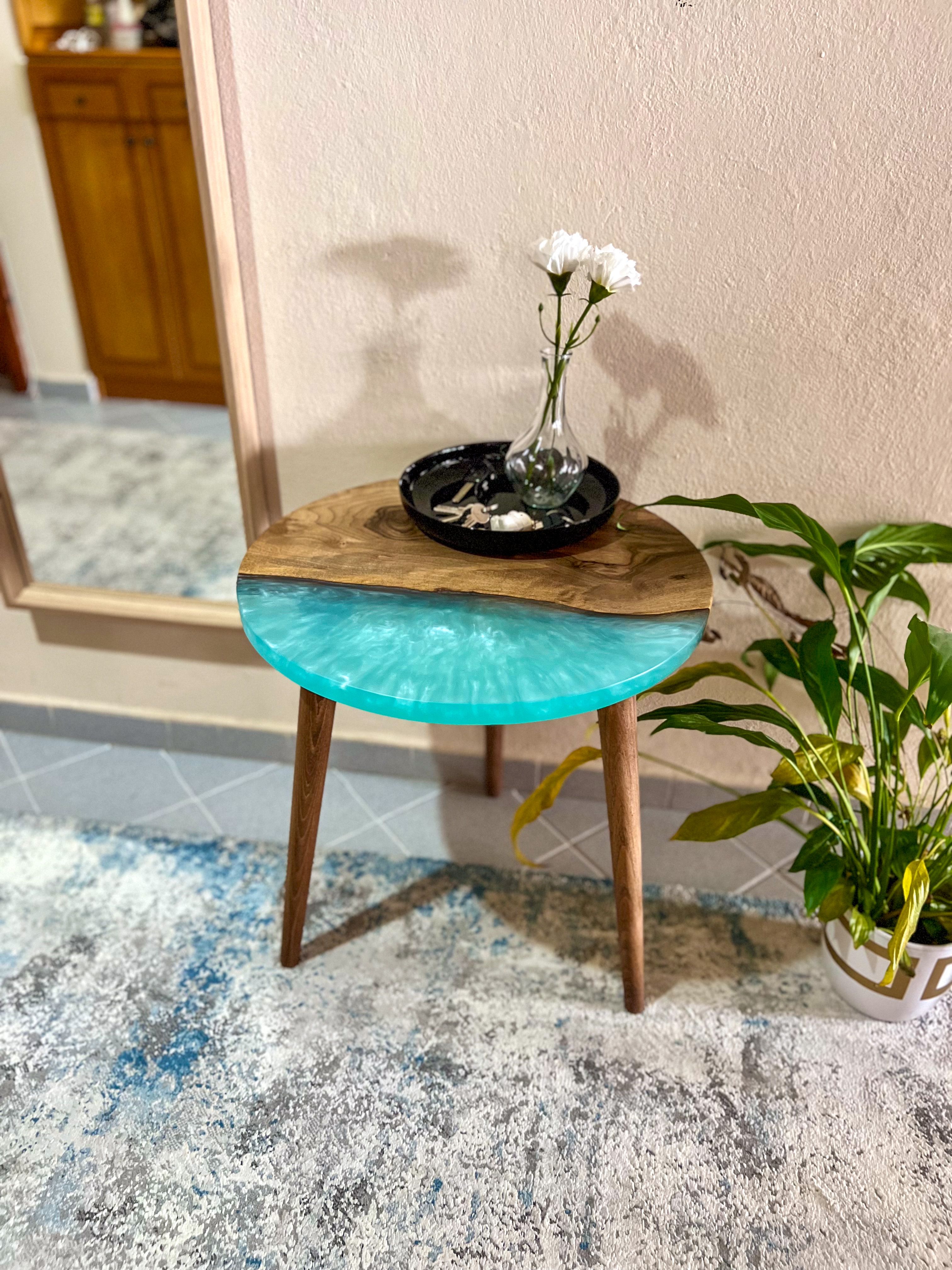 20" Round Walnut Resin Table with Blue Epoxy