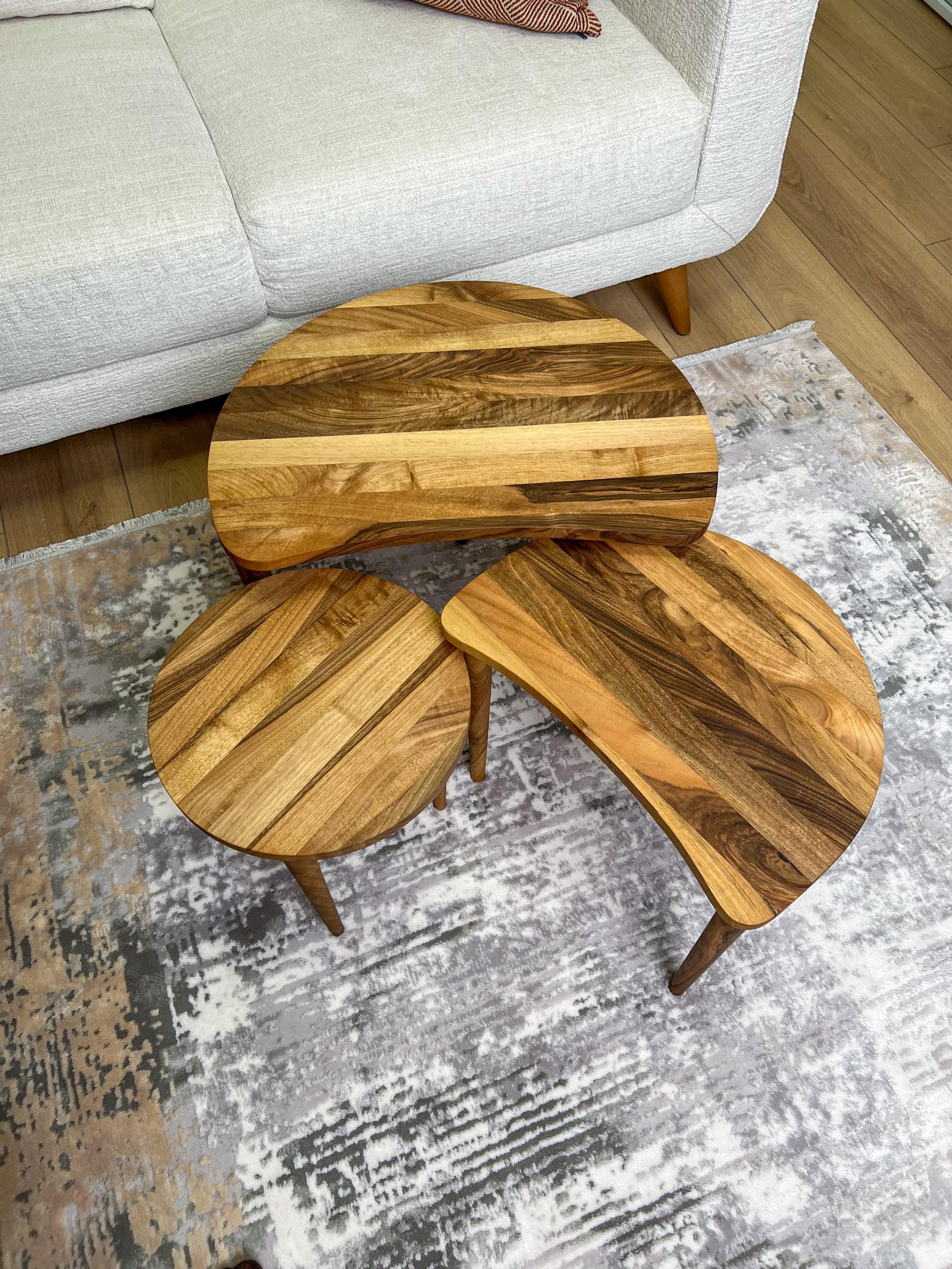 Solid Walnut Set of 3 Nesting Coffee Table with Solid Walnut Wood Tapered Legs