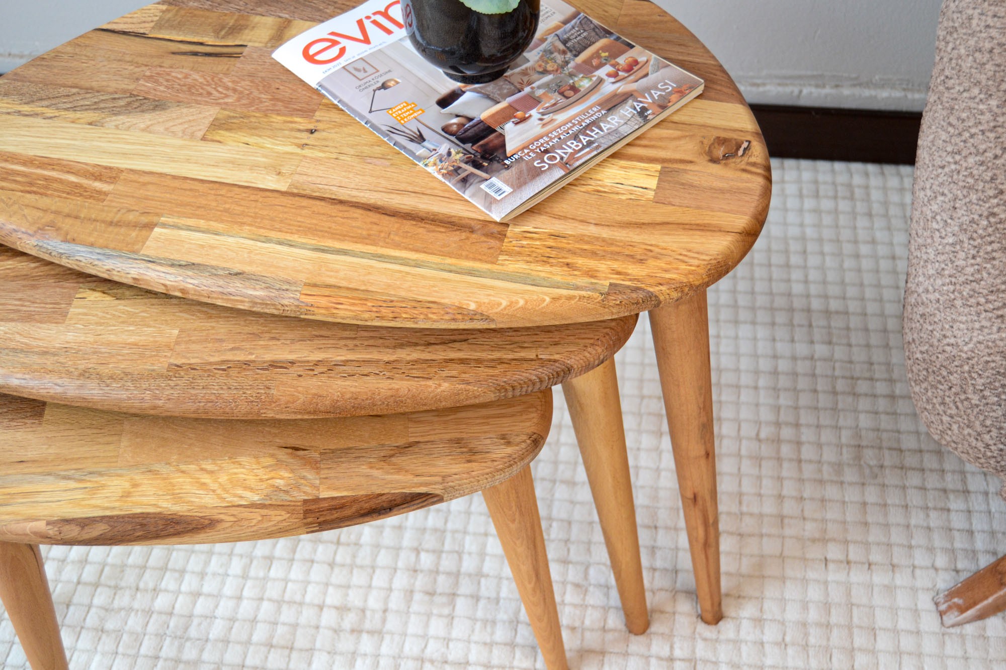 Masif Meşe Ahşap Zigon Sehpa 3'lü Set – Ercol Tarzı, Modern & Fonksiyonel