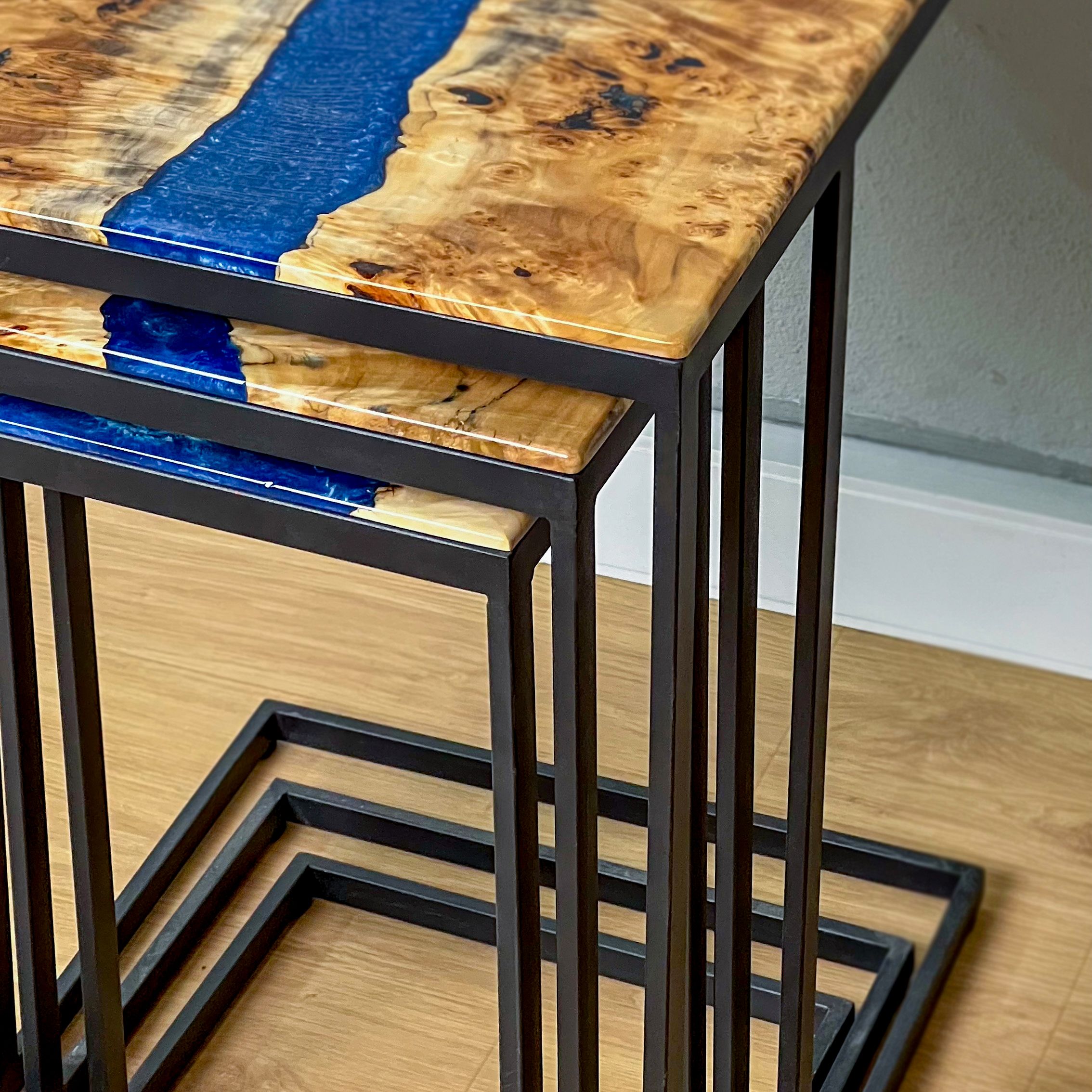 C Shaped Side Table with Blue River Epoxy in Maple Burl Wood