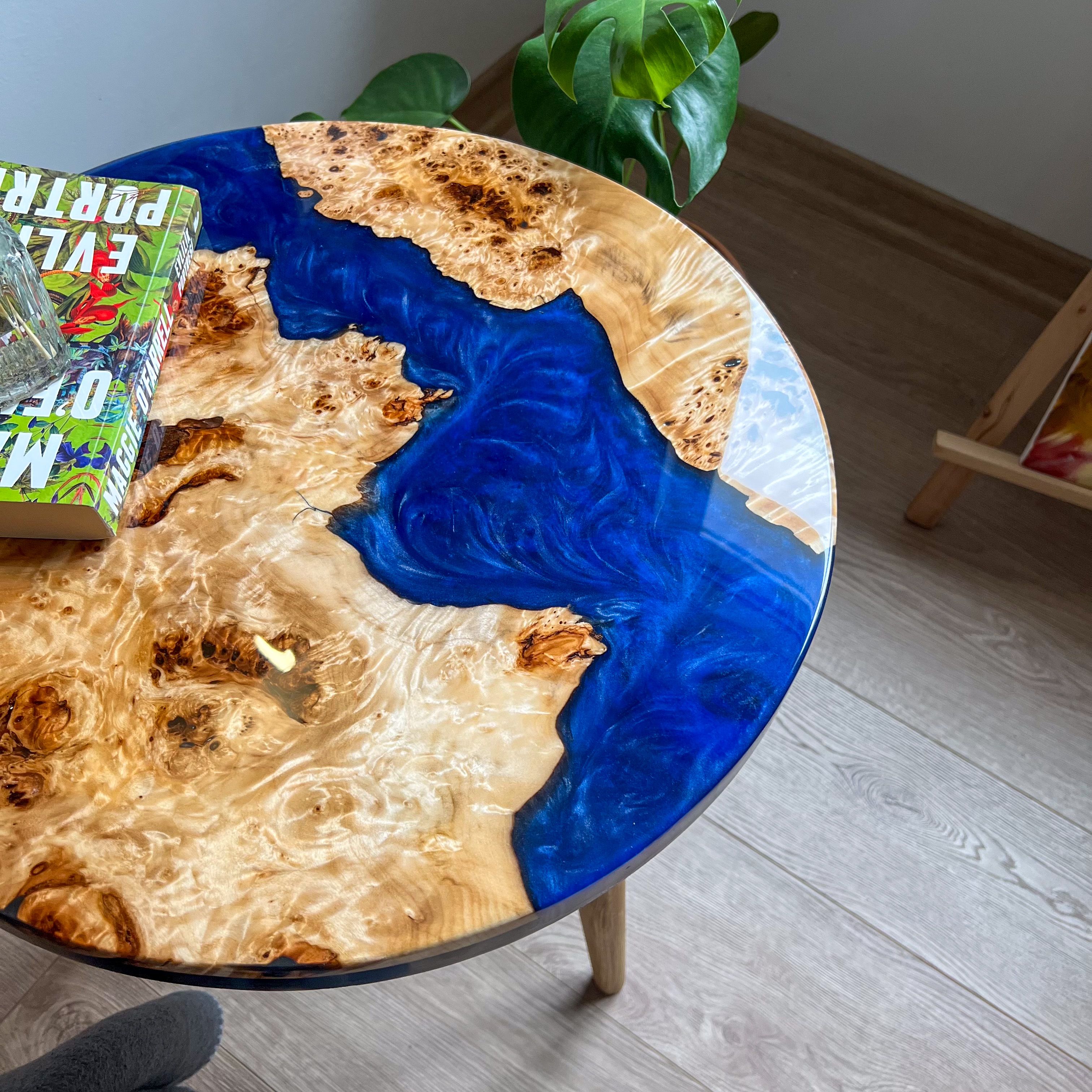 Round Side Table with Dark Blue Epoxy & Maple Wood | High-Gloss Finish
