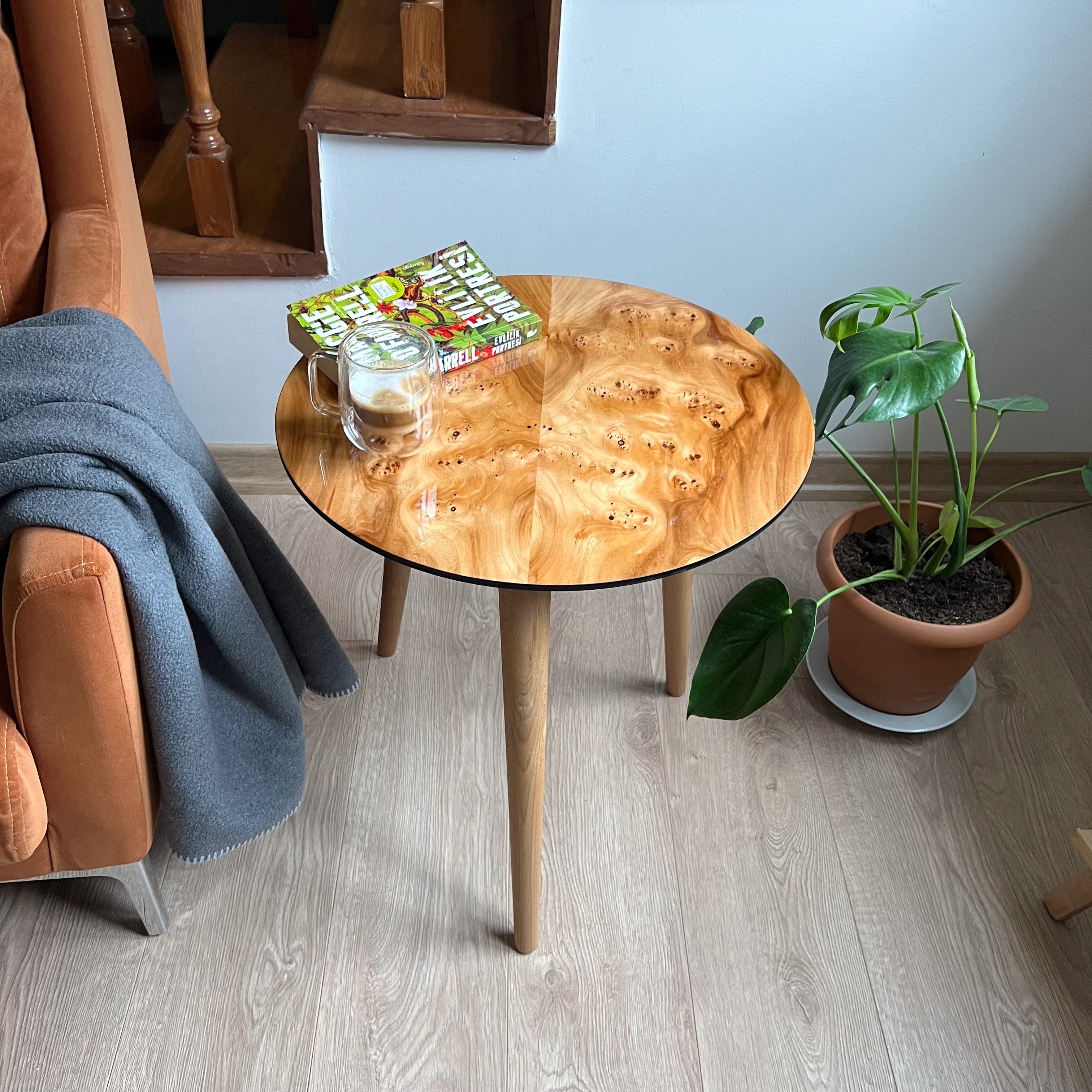 Natural wood Veneer Side Table | Glossy Finish – Walnut or Elm Options