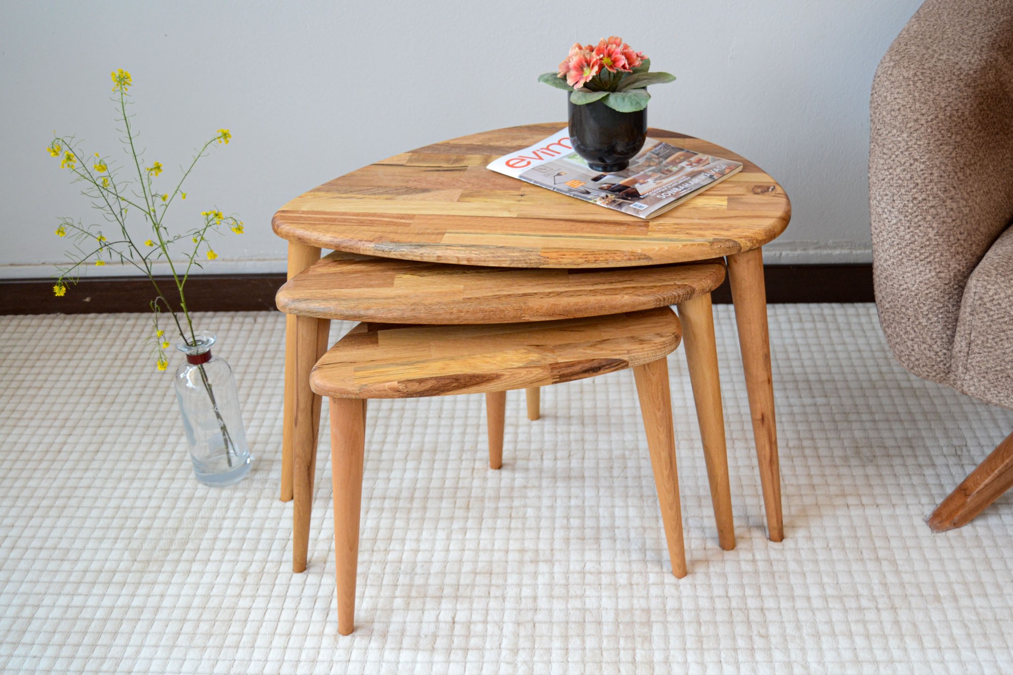 Masif Meşe Ahşap Zigon Sehpa 3'lü Set – Ercol Tarzı, Modern & Fonksiyonel