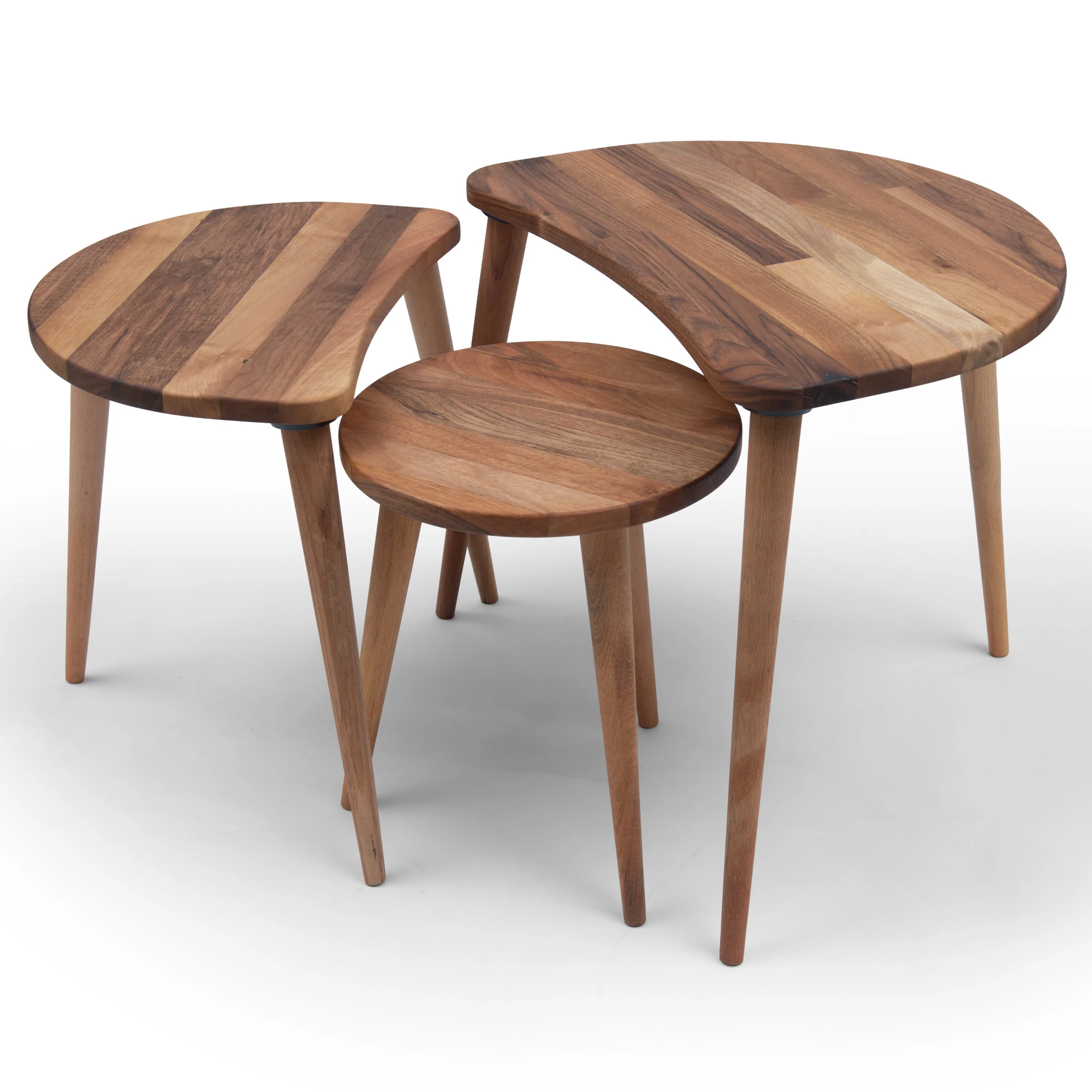 Solid Walnut Set of 3 Nesting Coffee Table with Solid Walnut Wood Tapered Legs
