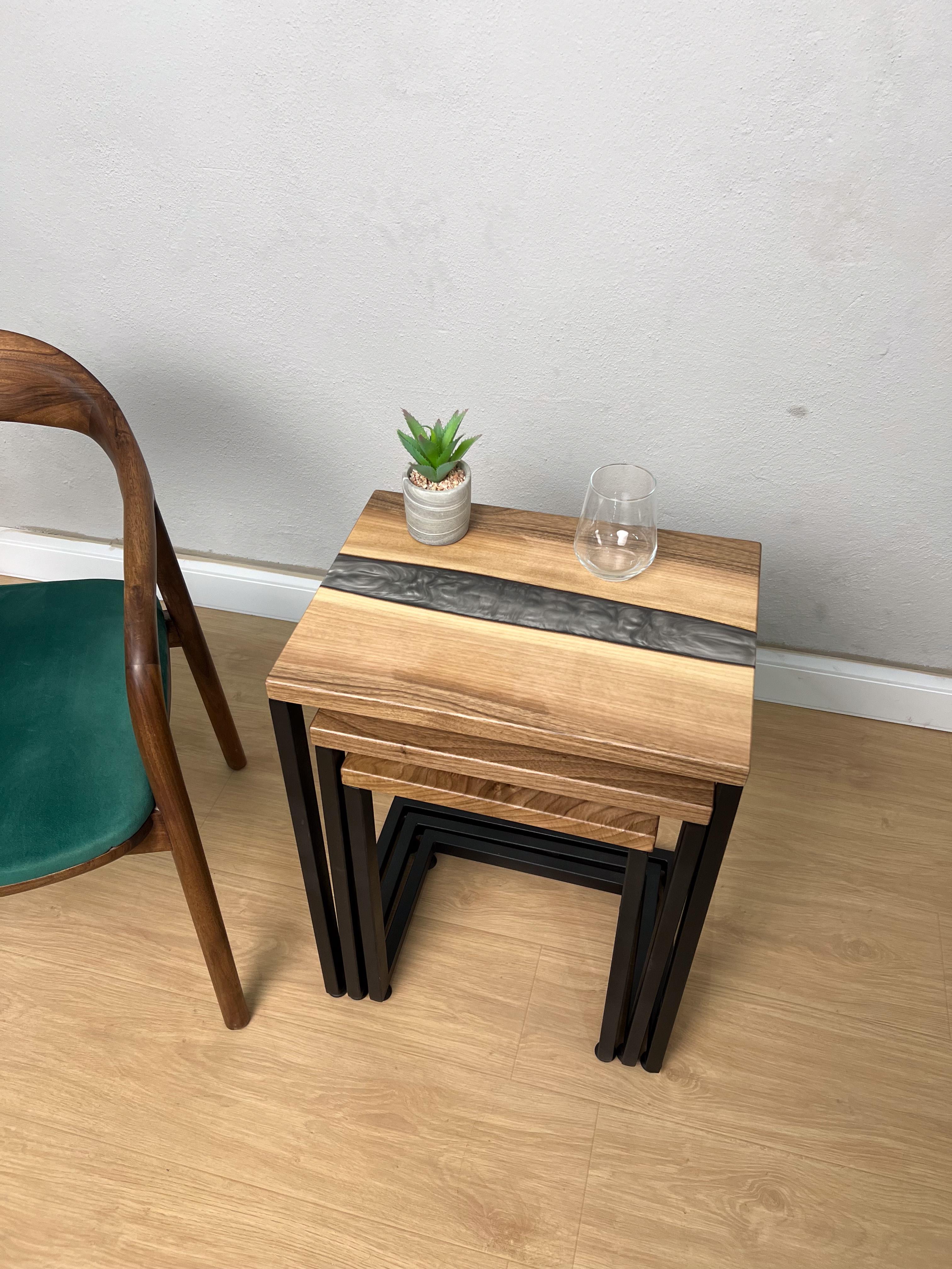 C Shaped Side Table with Blue River Epoxy in Maple Burl Wood