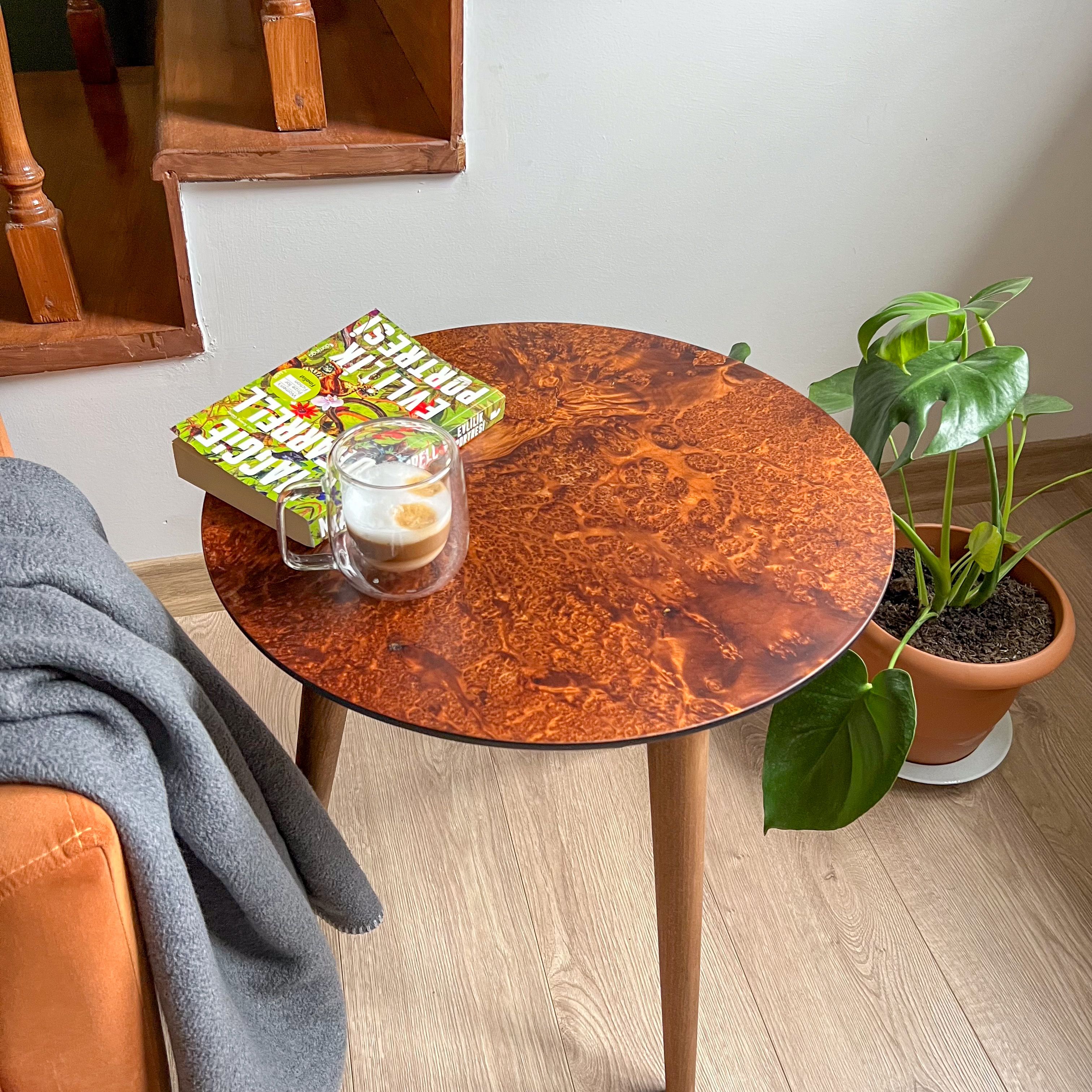 Burl Veneer Side Table – Matte Finish | Walnut or Elm - Ceviz