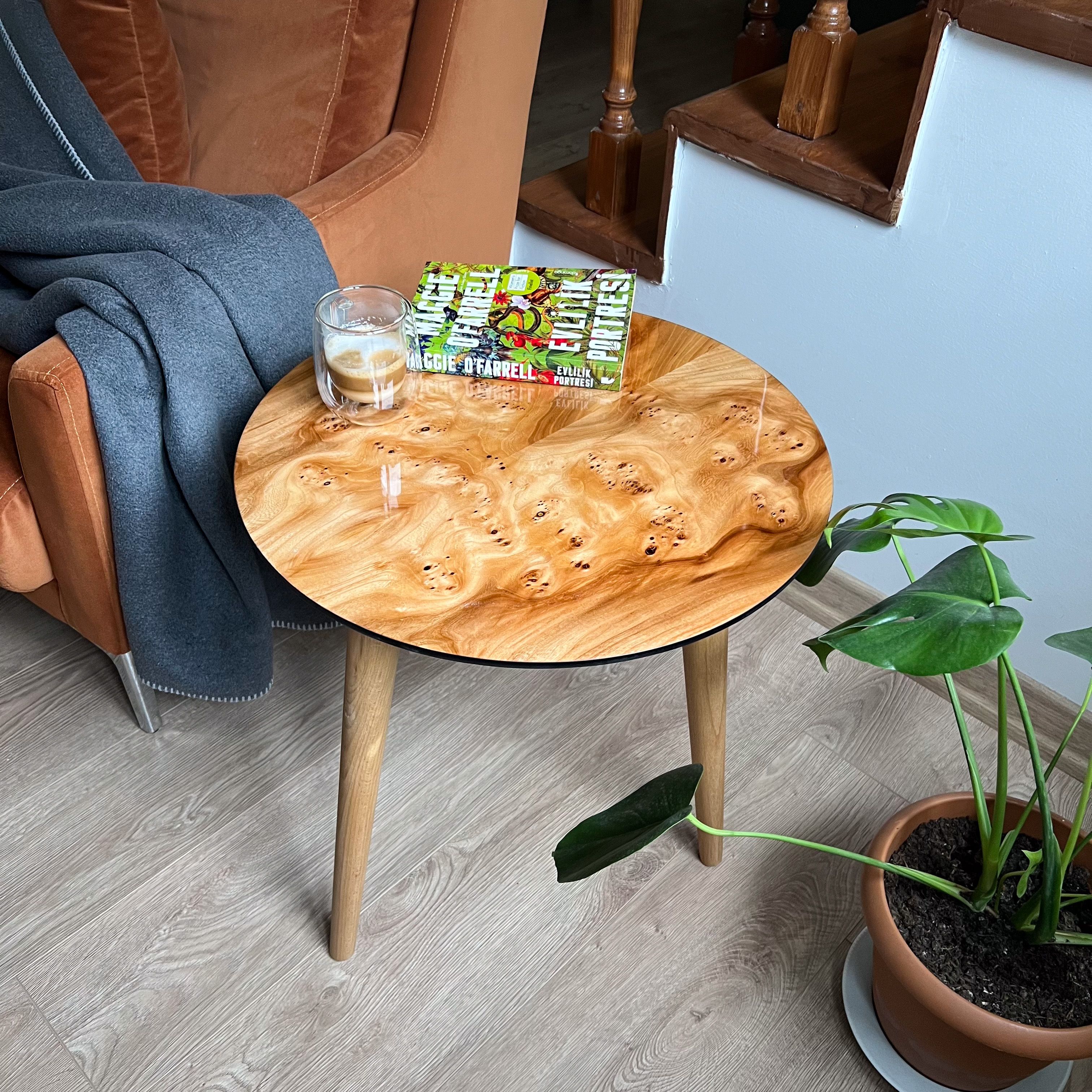 Natural wood Veneer Side Table | Glossy Finish – Walnut or Elm Options