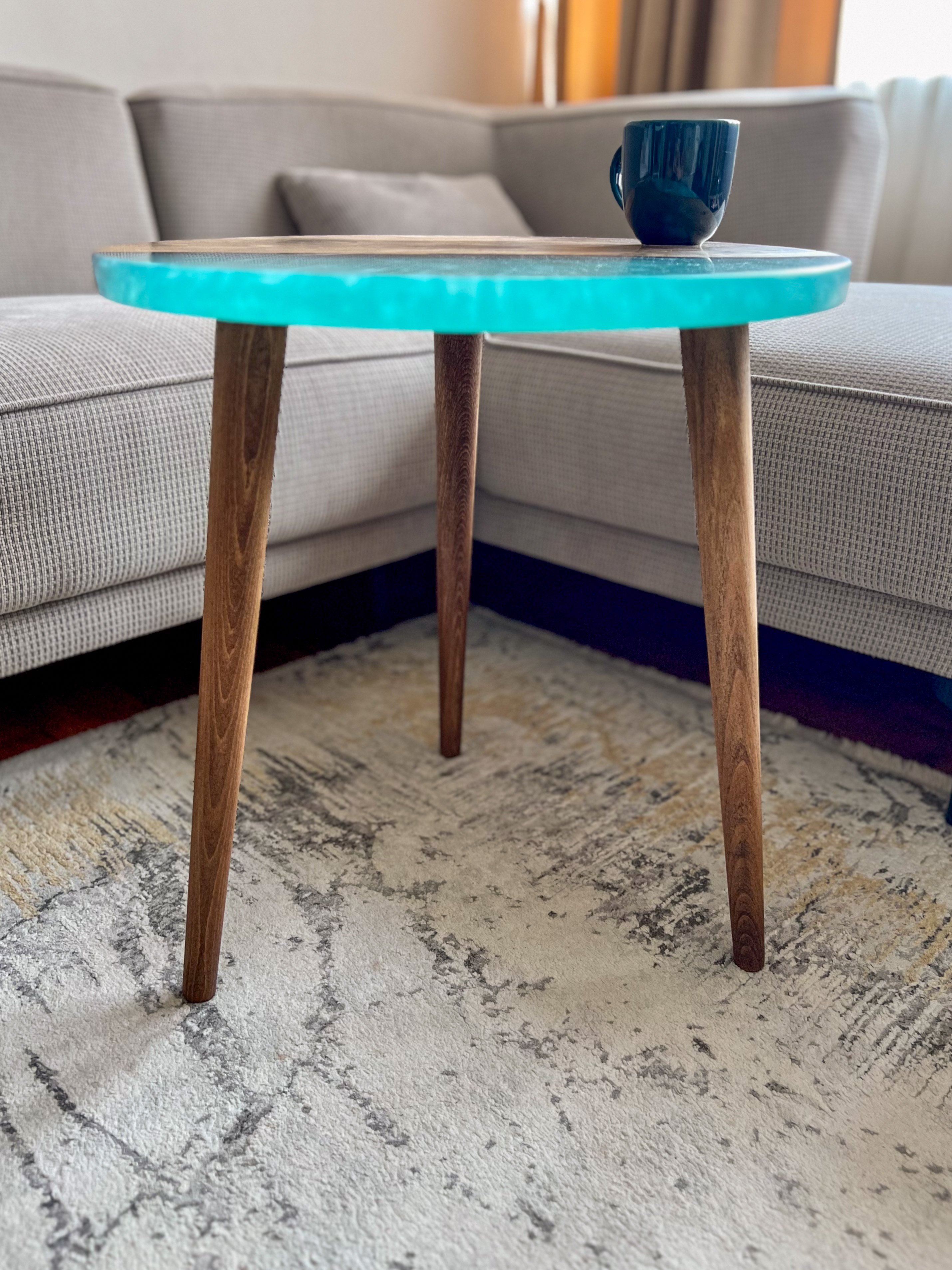 20" Round Walnut Resin Table with Blue Epoxy