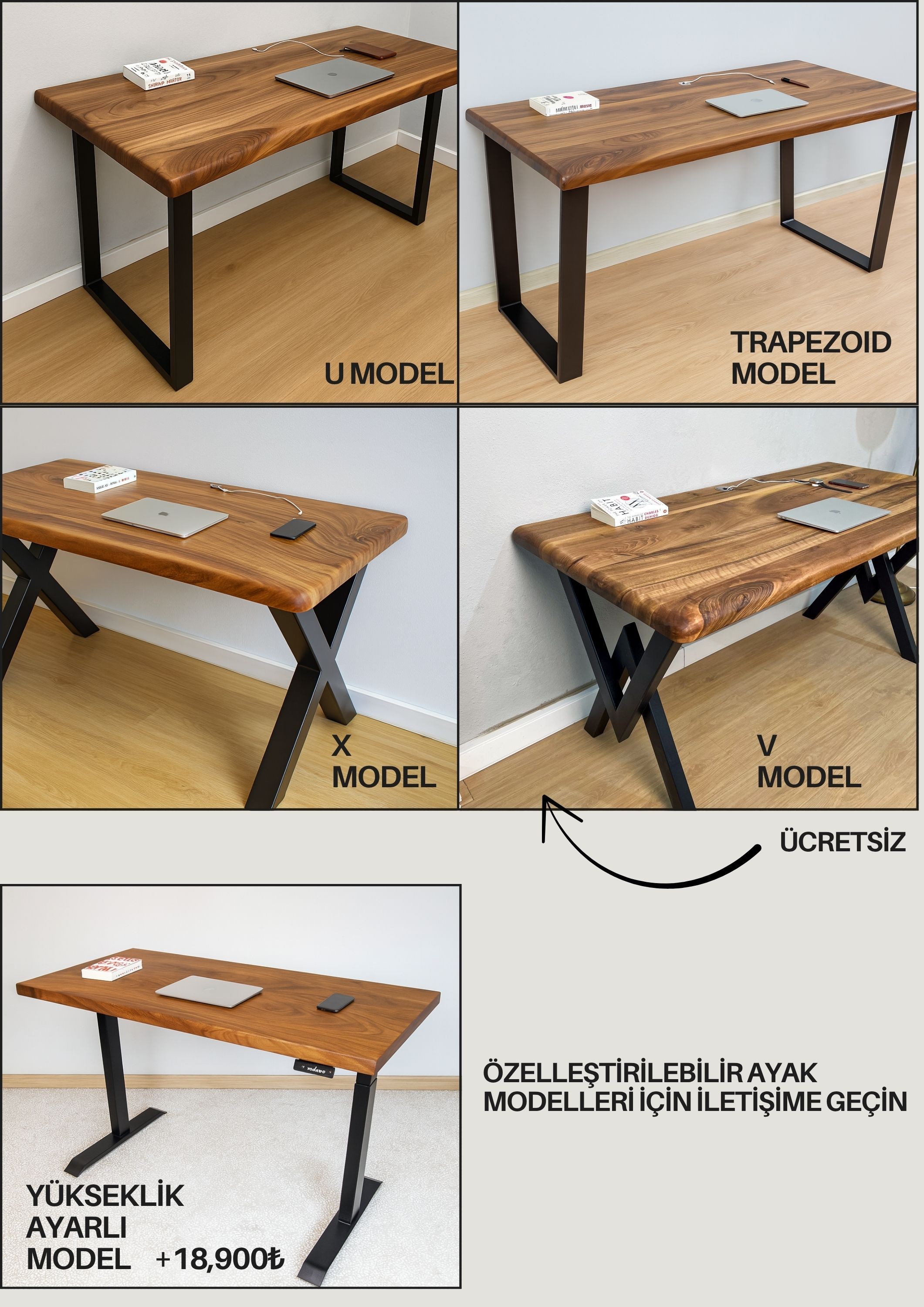 Koyu Ceviz Ahşap Çalışma Masası - Oval Köşeli, Doğal Masif Ceviz