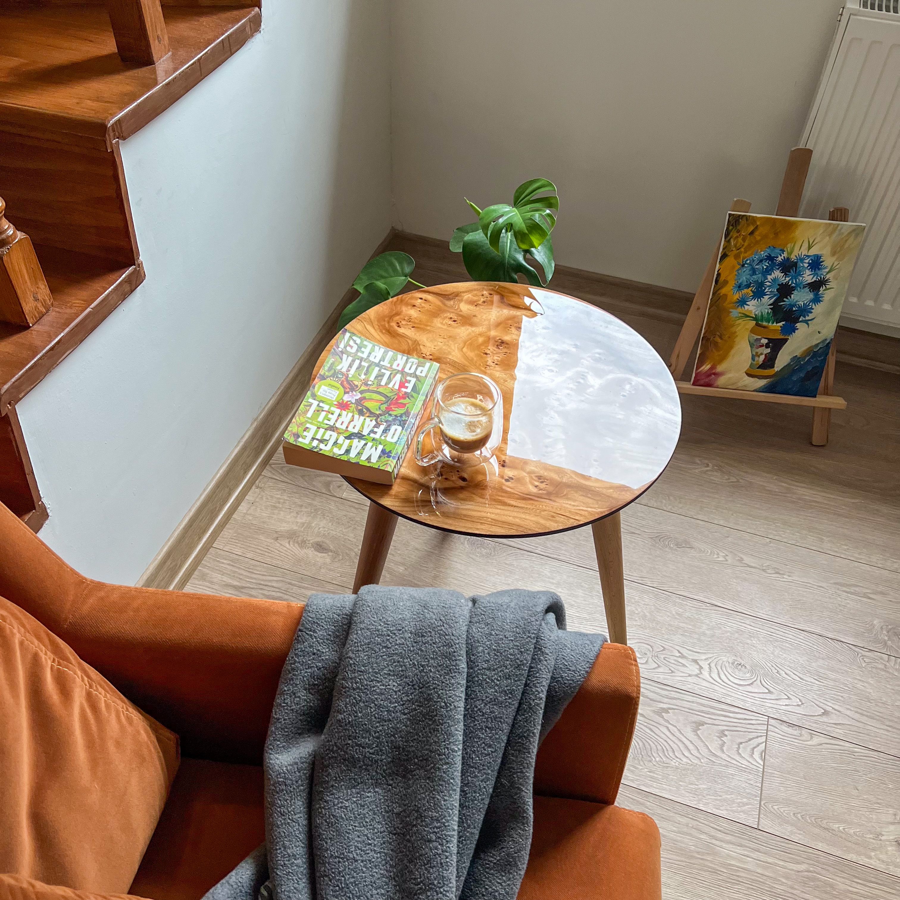 Natural wood Veneer Side Table | Glossy Finish – Walnut or Elm Options