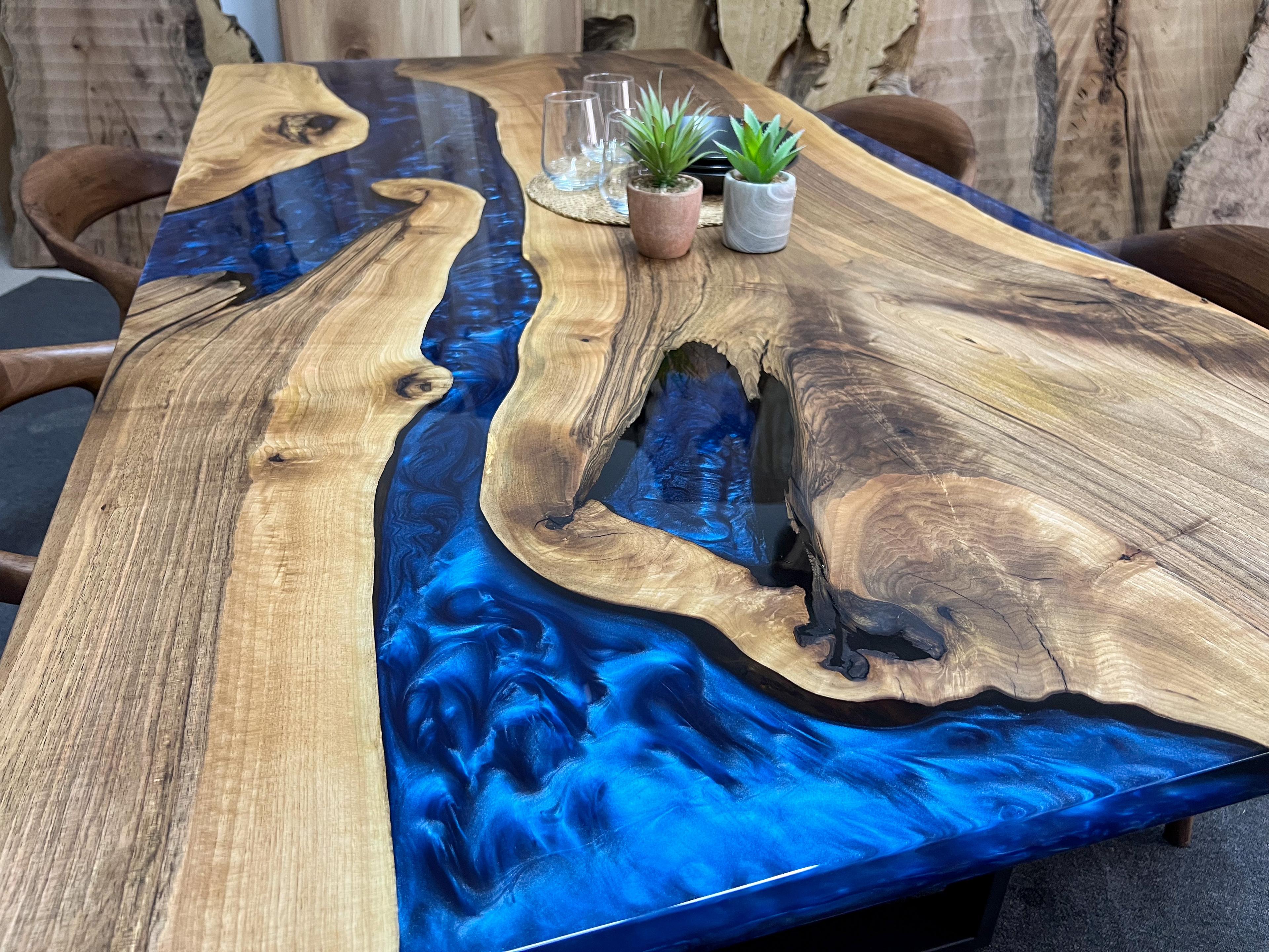 Blue River Table with Epoxy Resin and Walnut Wood