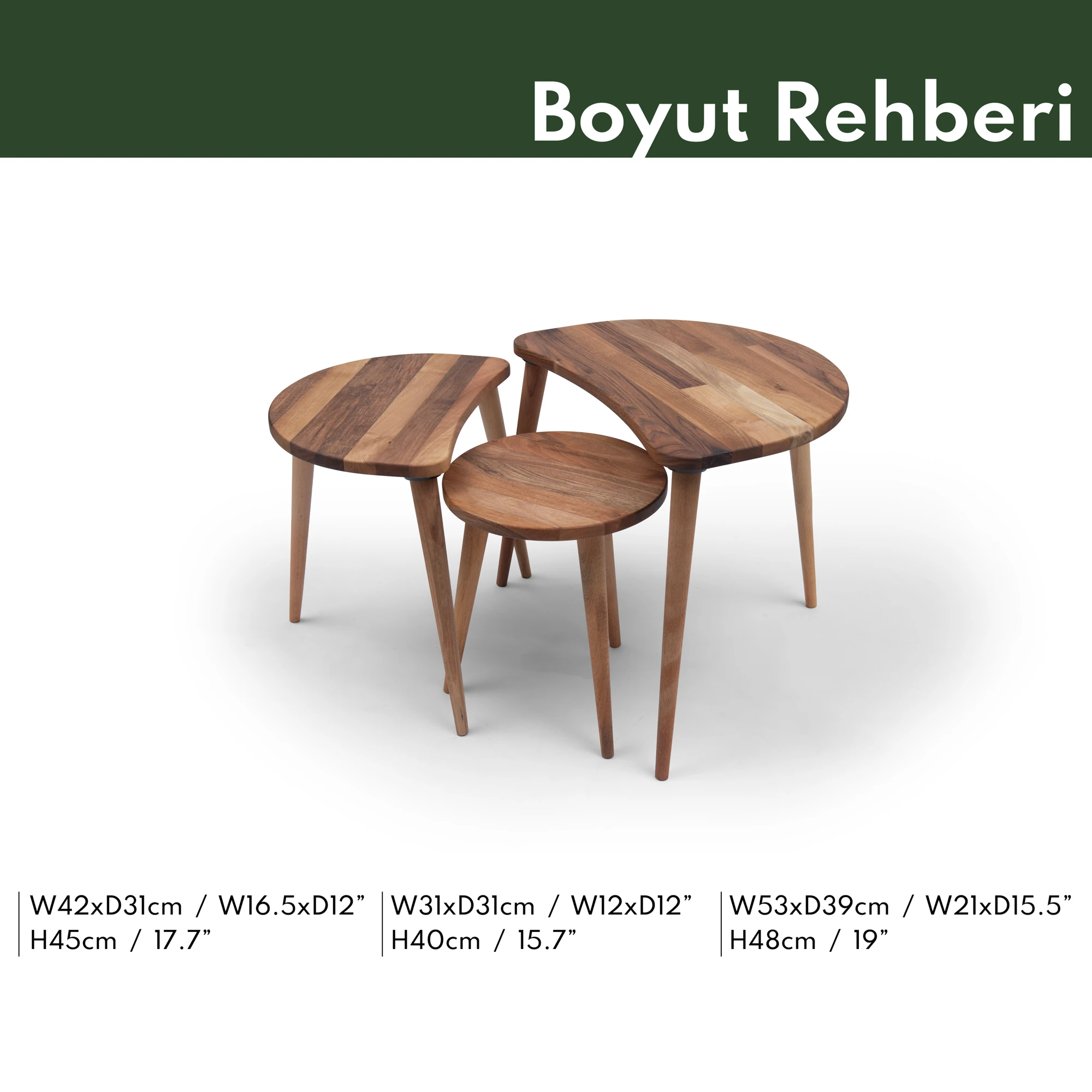 Solid Walnut Set of 3 Nesting Coffee Table with Solid Walnut Wood Tapered Legs