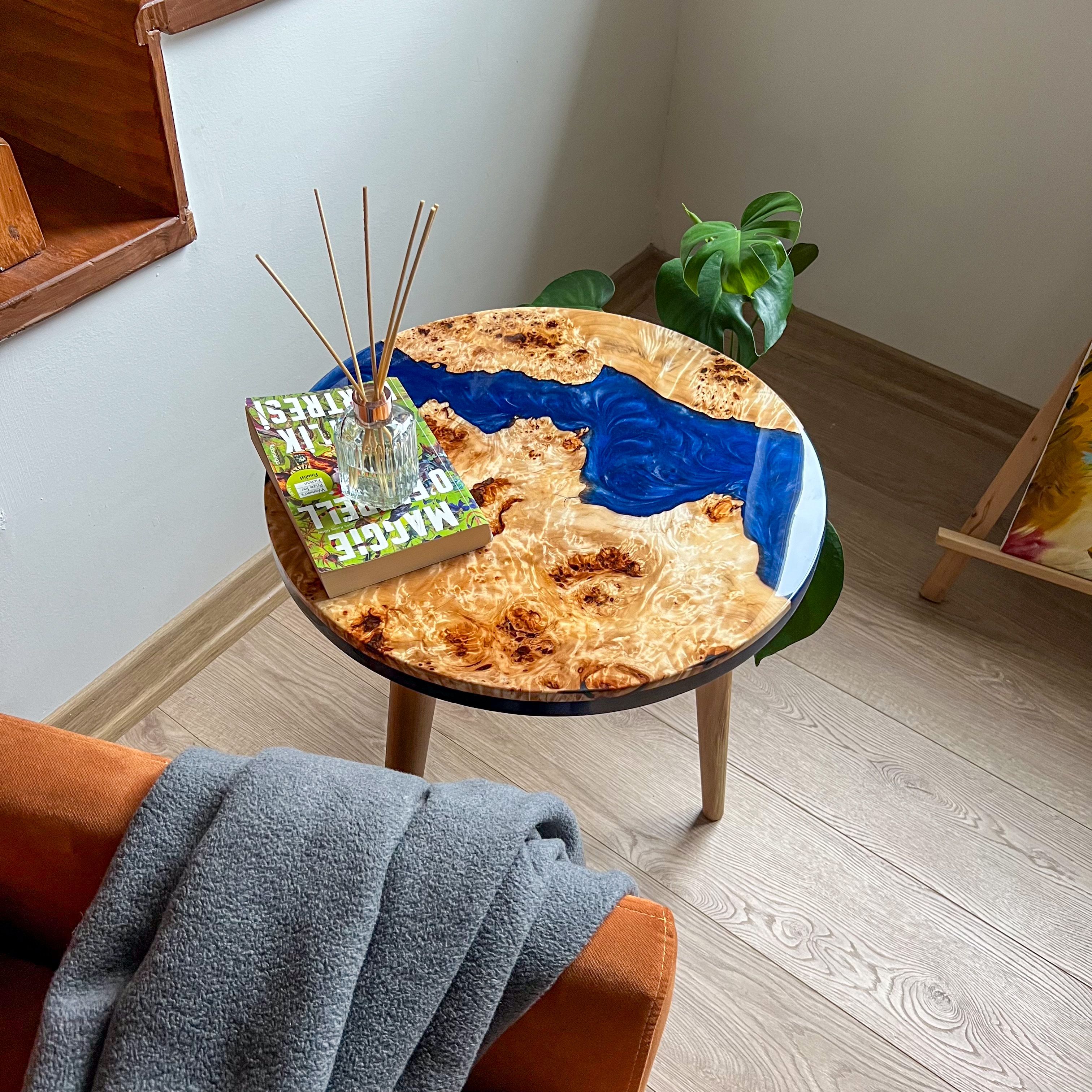 Round Side Table with Dark Blue Epoxy & Maple Wood | High-Gloss Finish