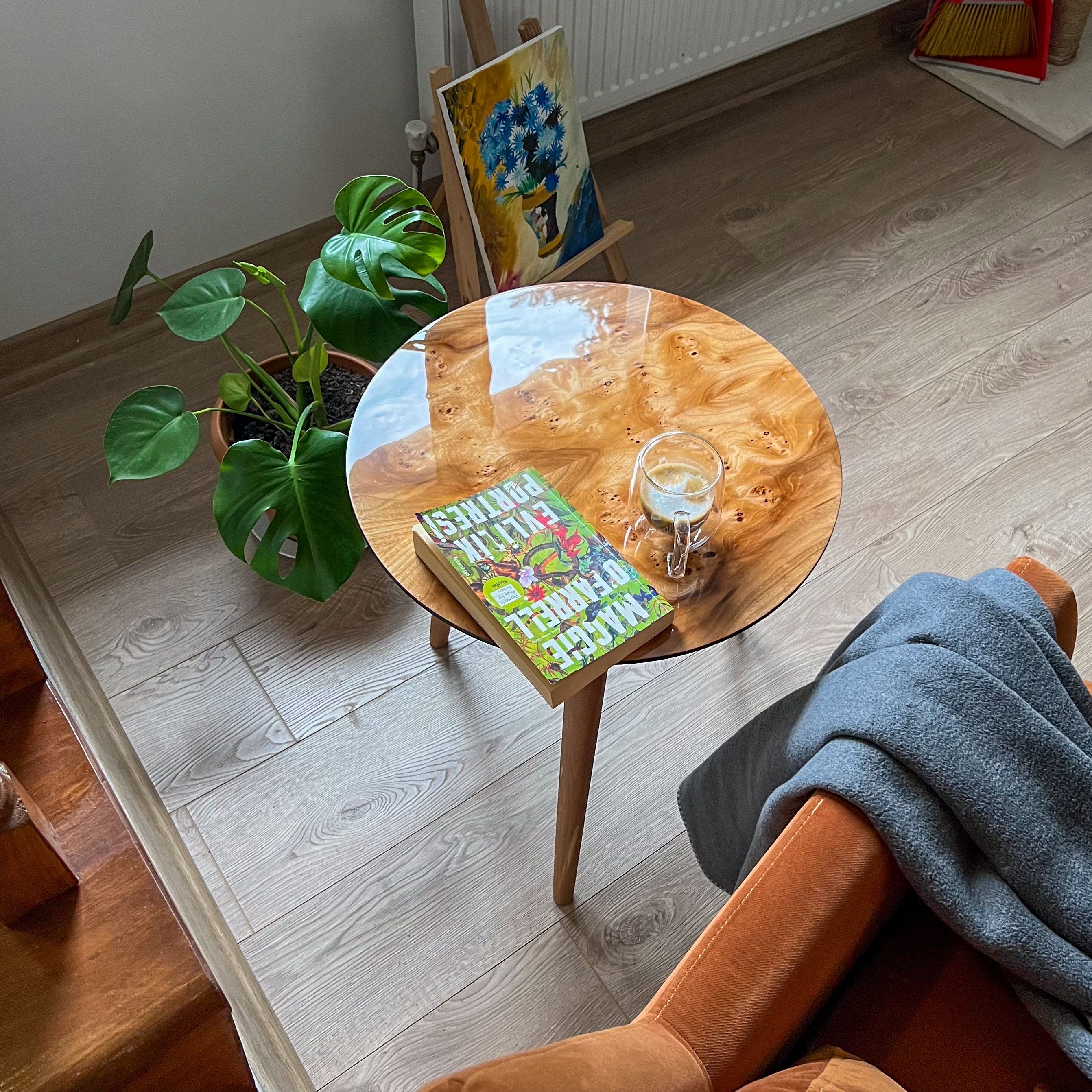 Natural wood Veneer Side Table | Glossy Finish – Walnut or Elm Options