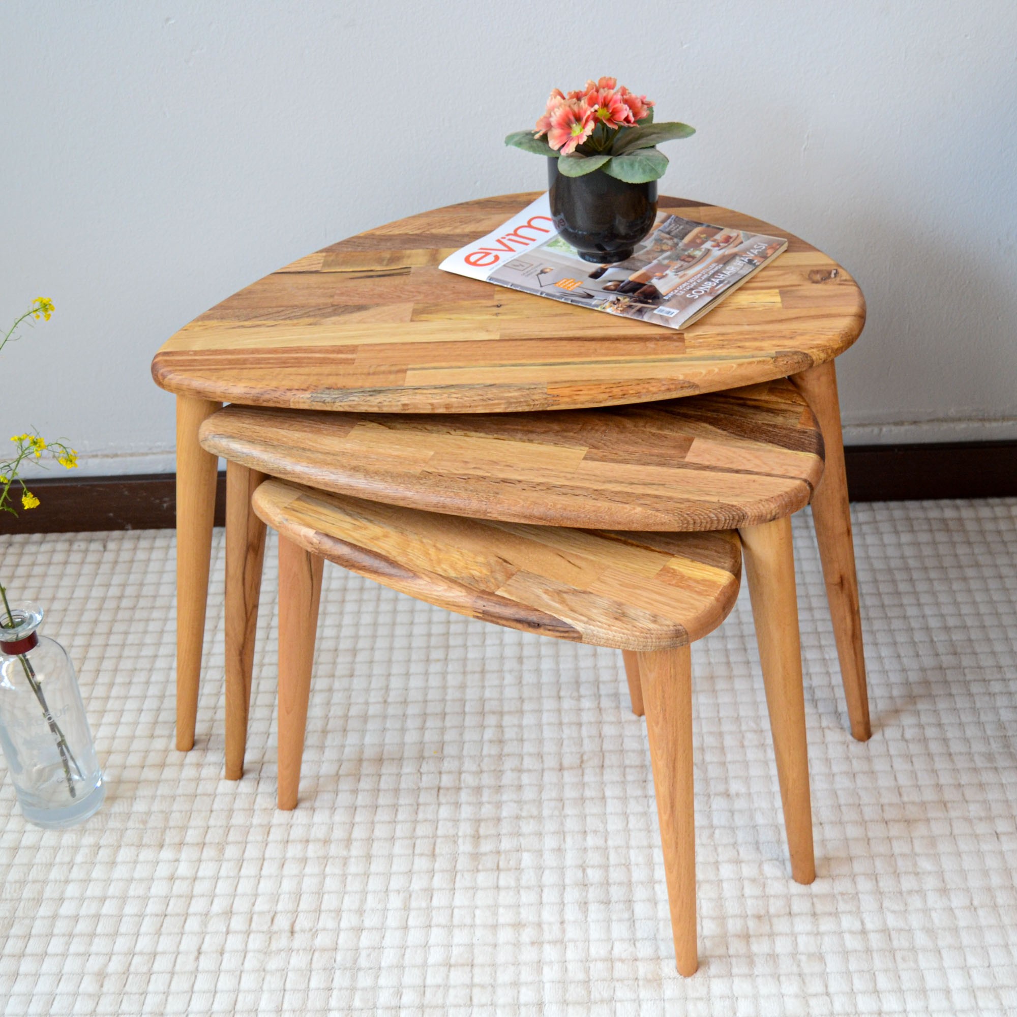 Masif Meşe Ahşap Zigon Sehpa 3'lü Set – Ercol Tarzı, Modern & Fonksiyonel