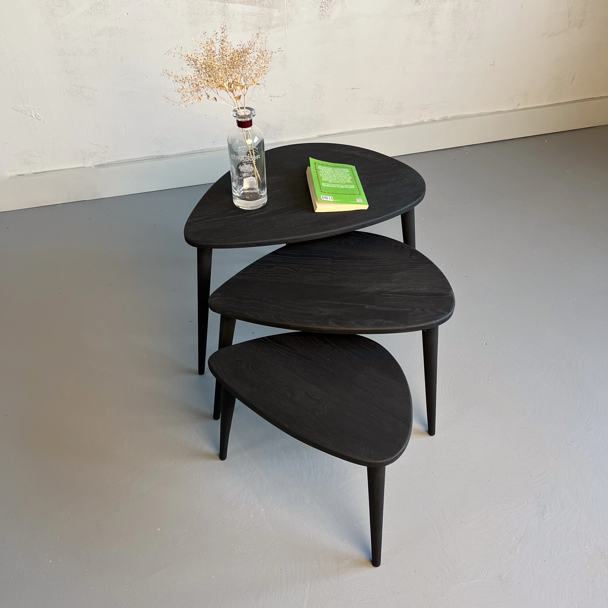 Ercol Stil Ahşap Zigon Sehpa Seti | 3’lü Retro Modern Tasarım | Masif Ağaç Yan Sehpa Takımı