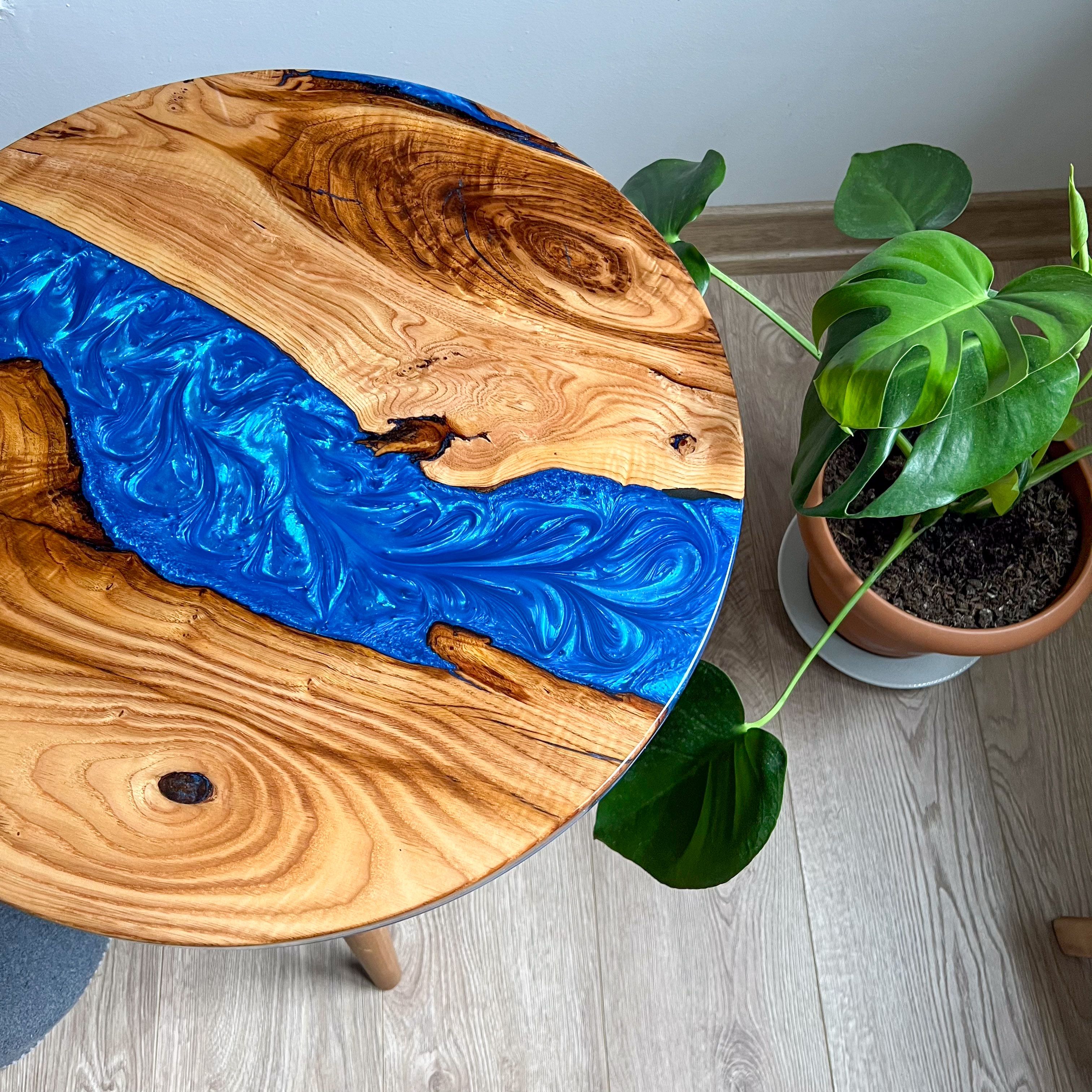 Handmade Chestnut Wood and Blue Epoxy Round Side Table | Gloss Finish
