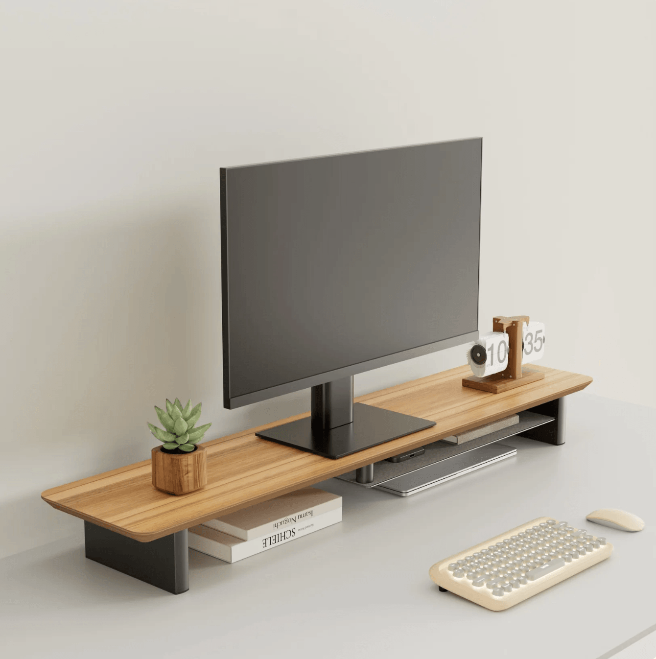 Ahşap Monitör Standı, Doğal Ahşap Çalışma Masası Üstü Monitör Yükseltici