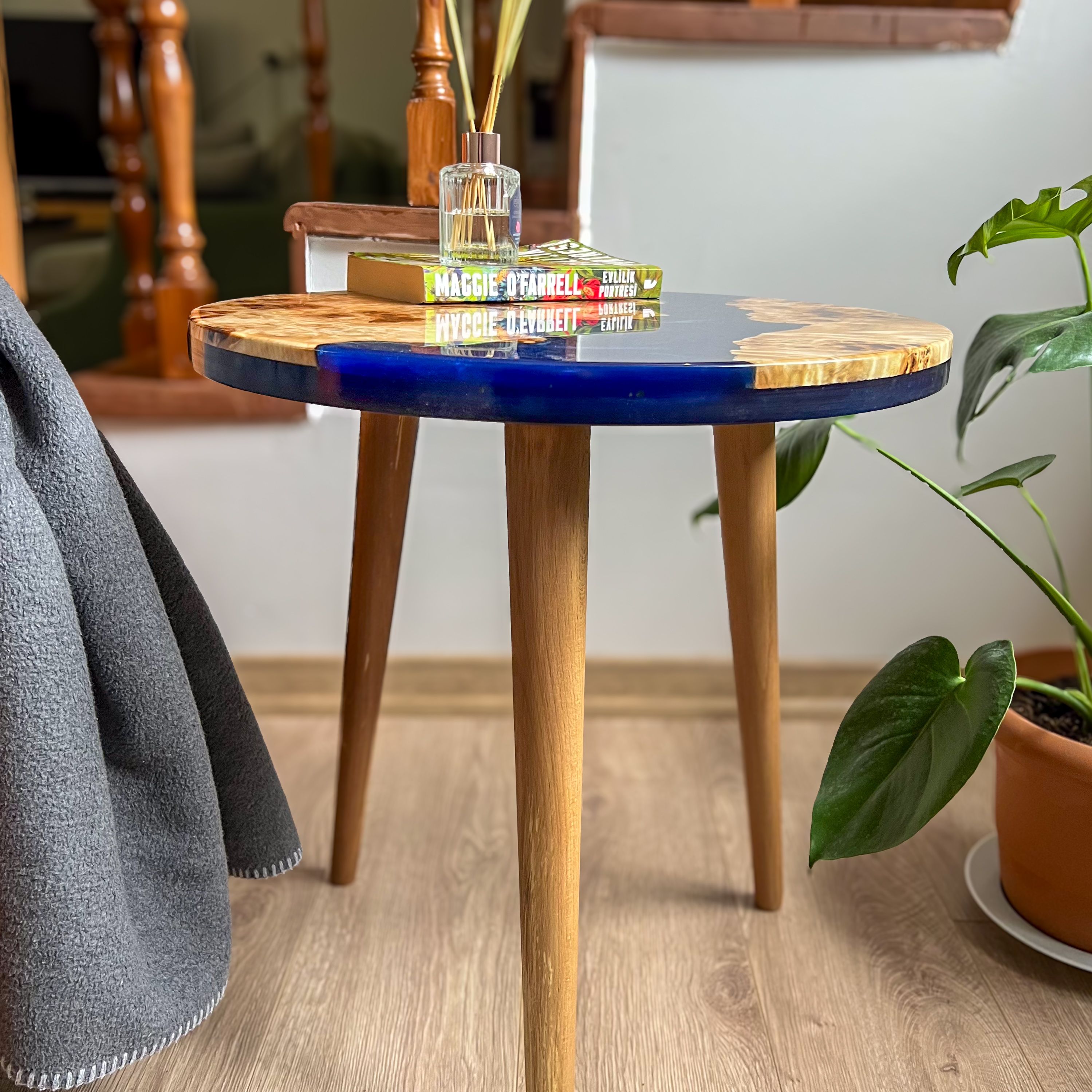 Round Side Table with Dark Blue Epoxy & Maple Wood | High-Gloss Finish