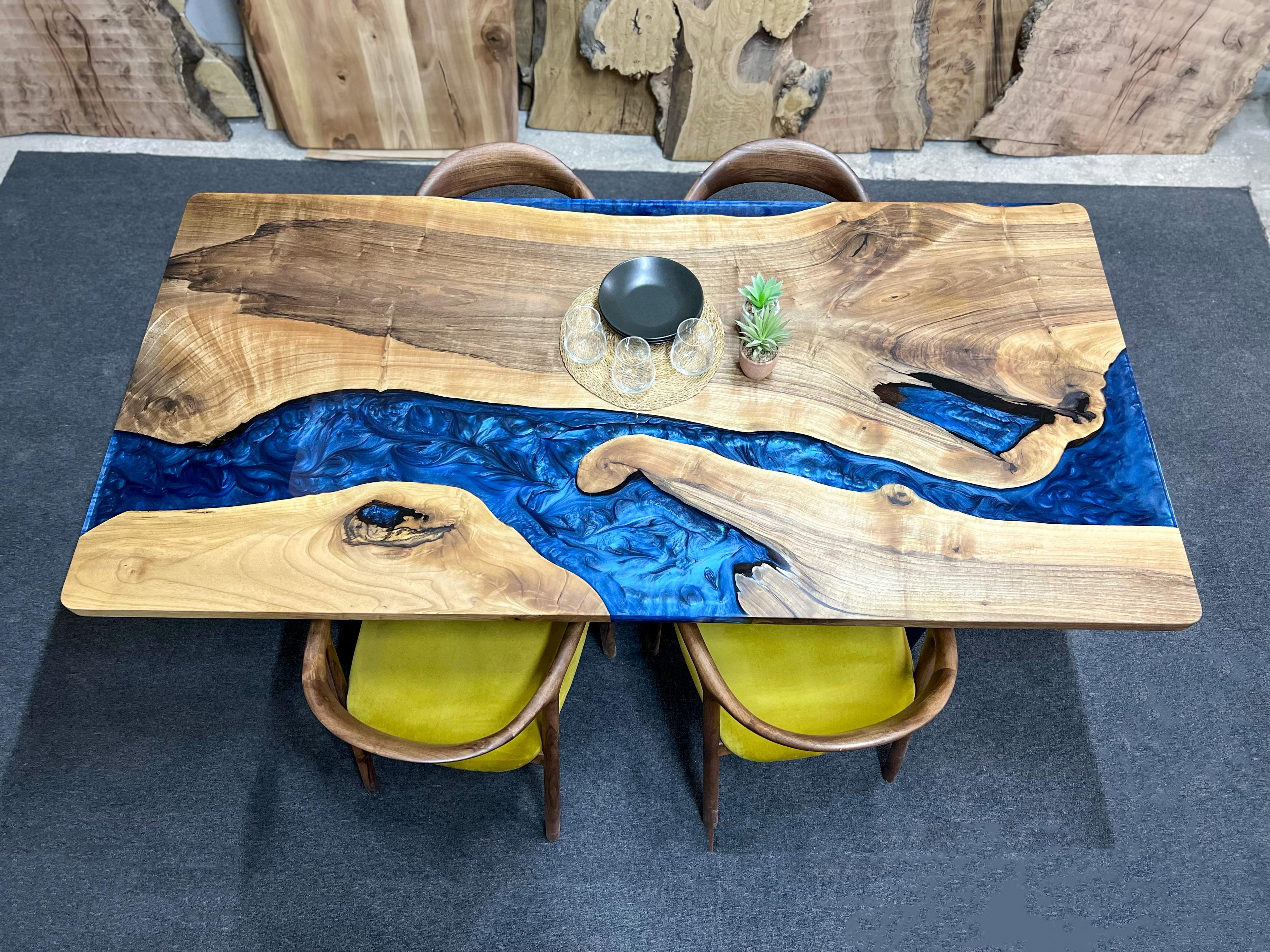 Blue River Table with Epoxy Resin and Walnut Wood