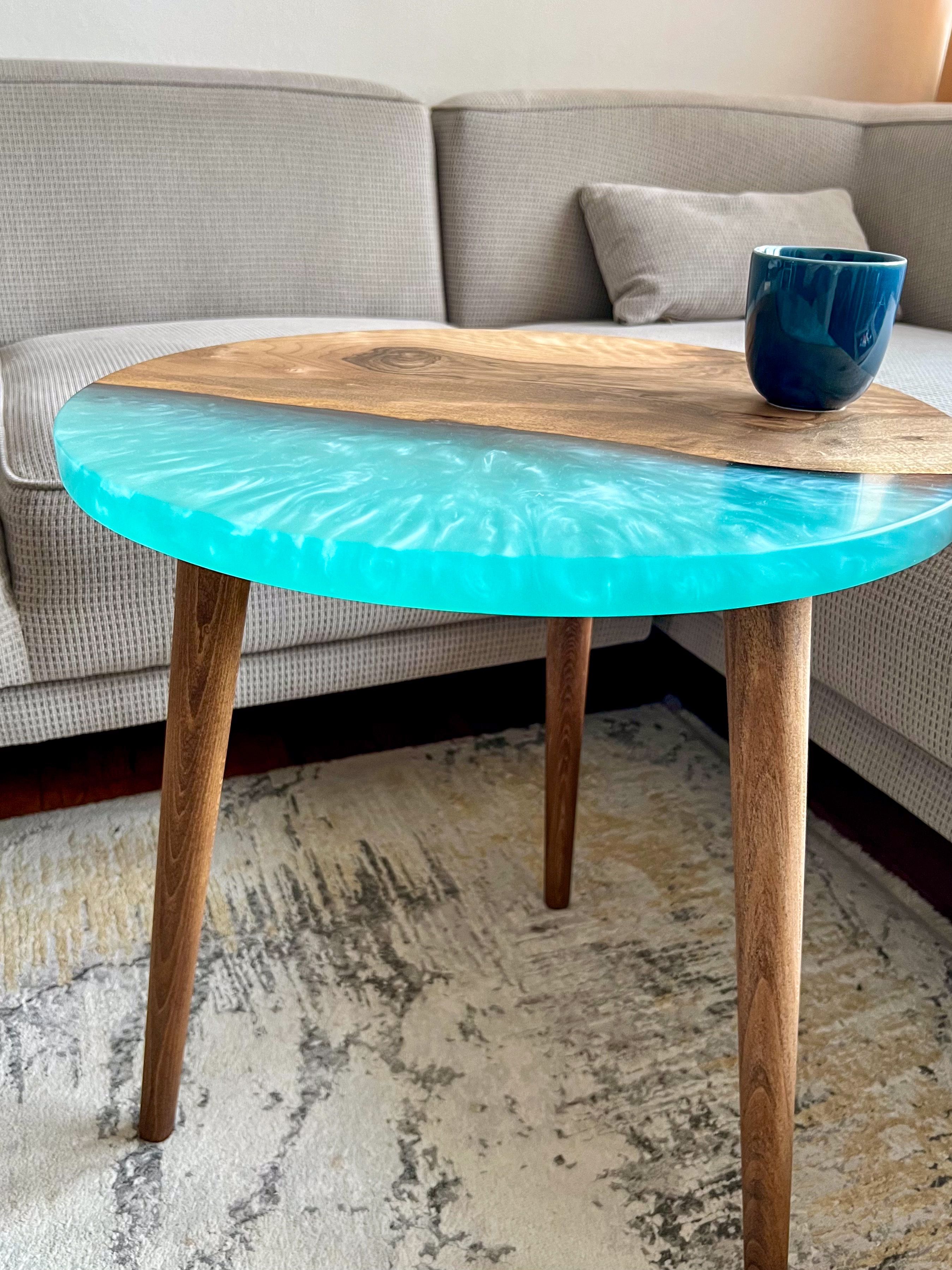 20" Round Walnut Resin Table with Blue Epoxy