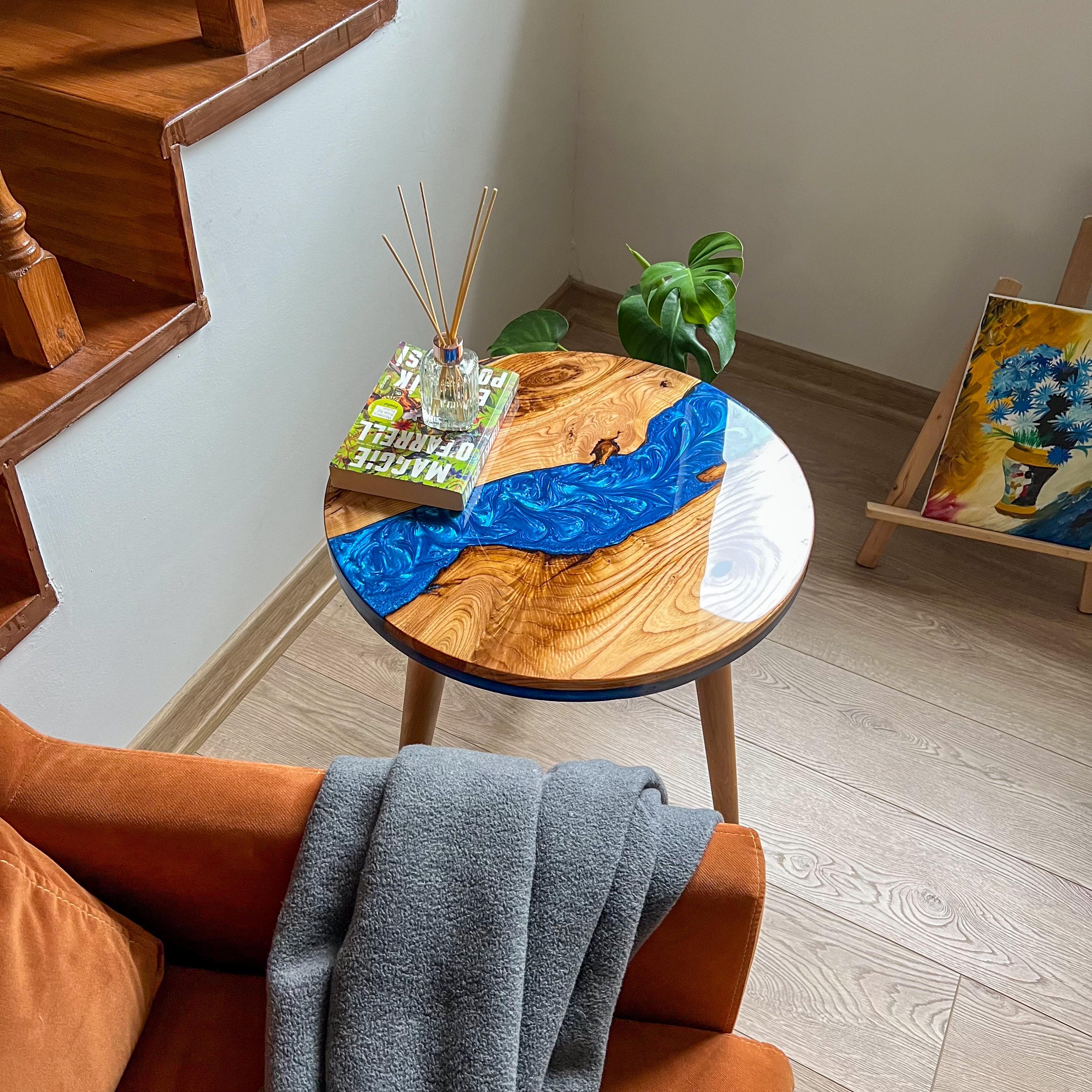 Handmade Chestnut Wood and Blue Epoxy Round Side Table | Gloss Finish
