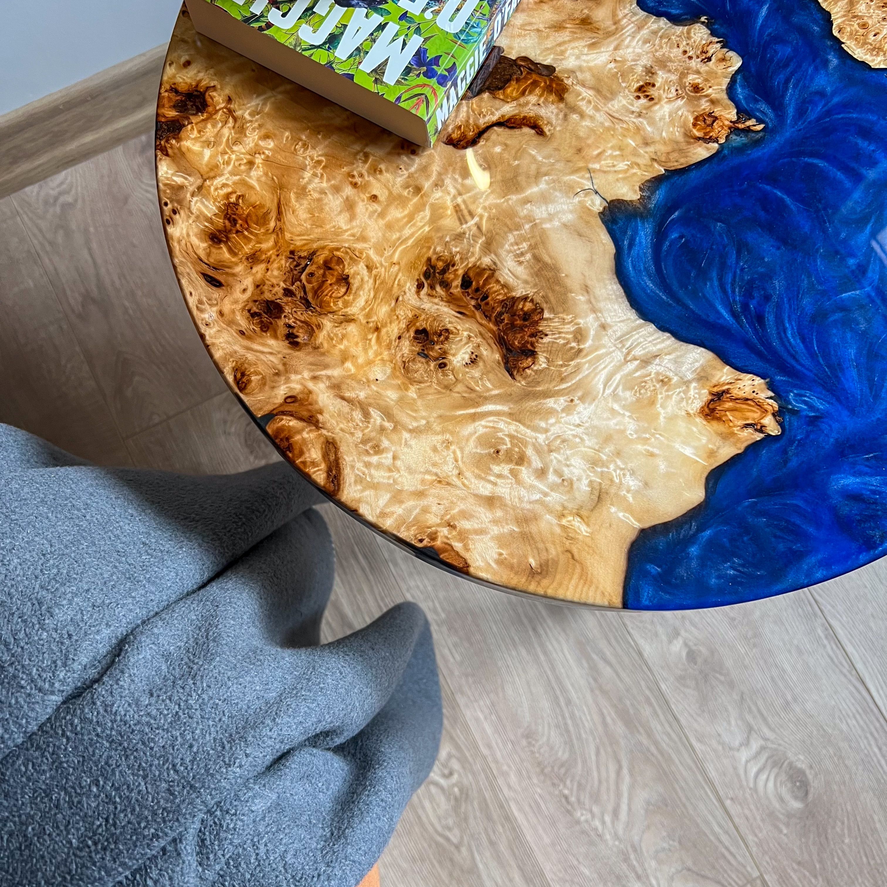 Round Side Table with Dark Blue Epoxy & Maple Wood | High-Gloss Finish