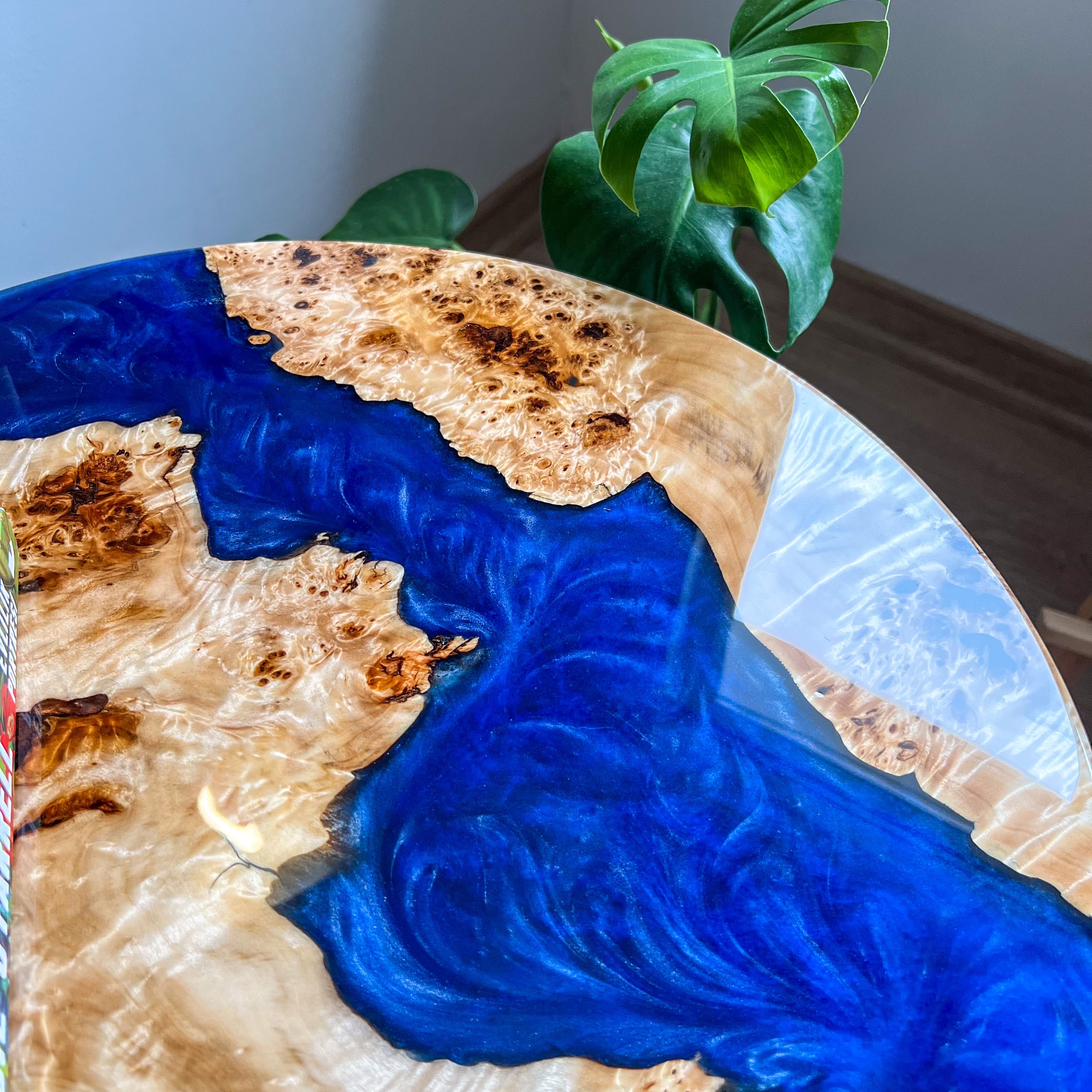 Round Side Table with Dark Blue Epoxy & Maple Wood | High-Gloss Finish