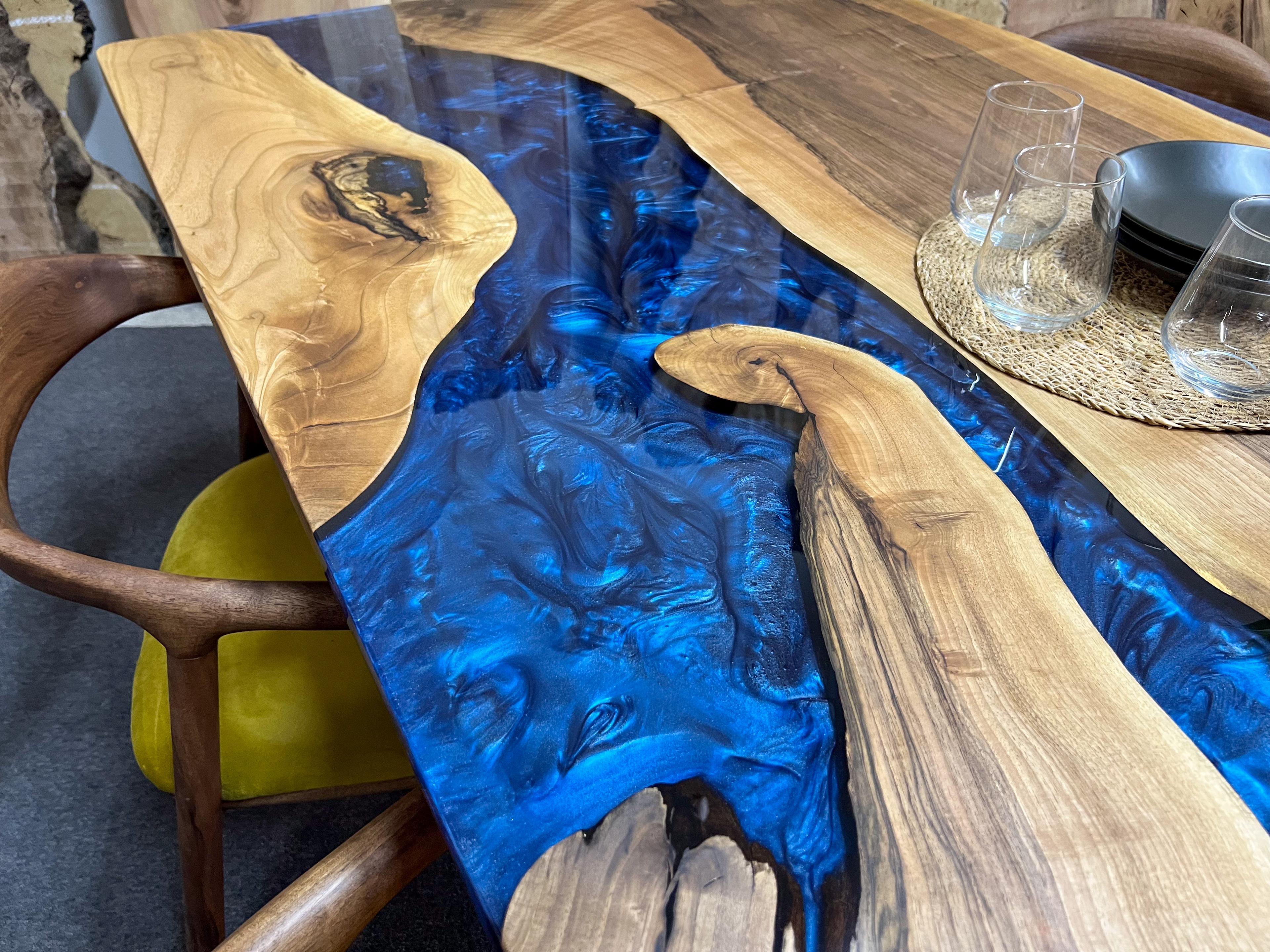 Blue River Table with Epoxy Resin and Walnut Wood