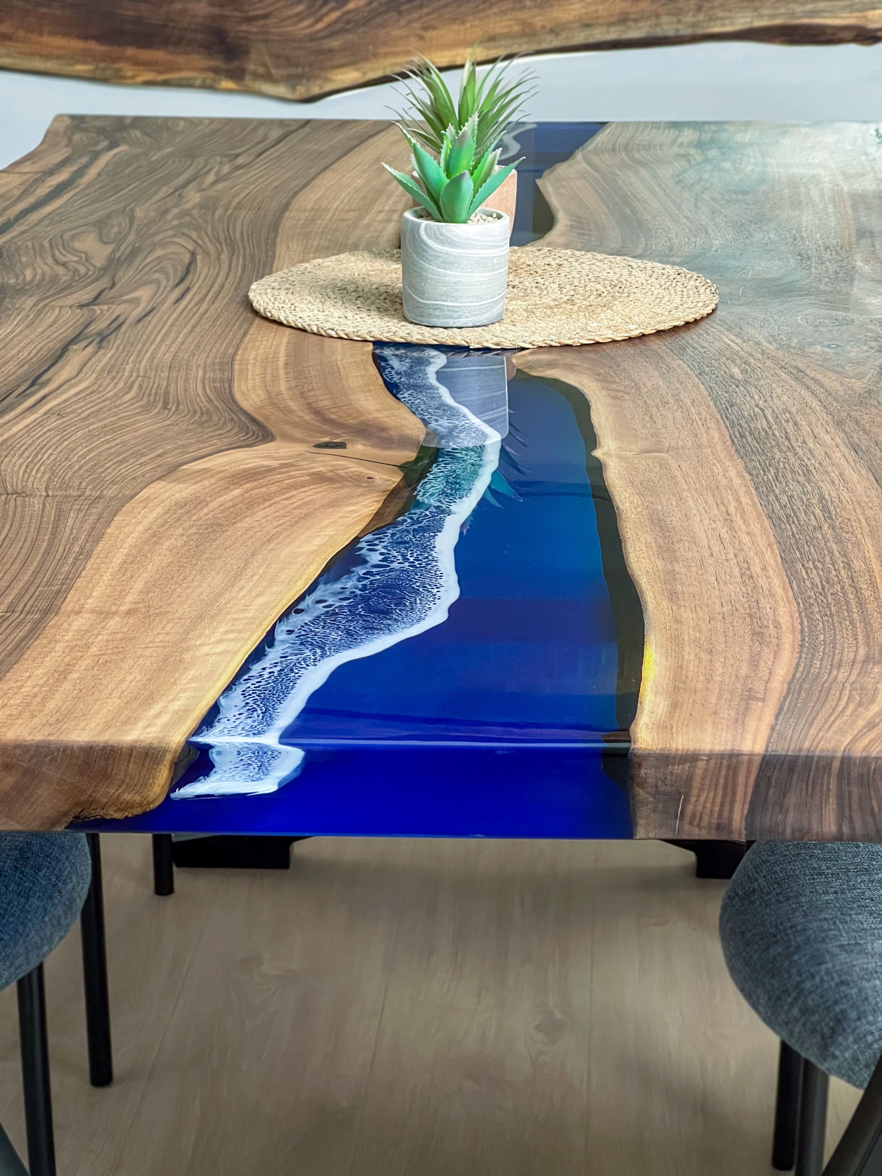 Live Edge Blue Ocean Epoxy Resin Walnut Dining Table | Kitchen Table | Office Table , Sea Table