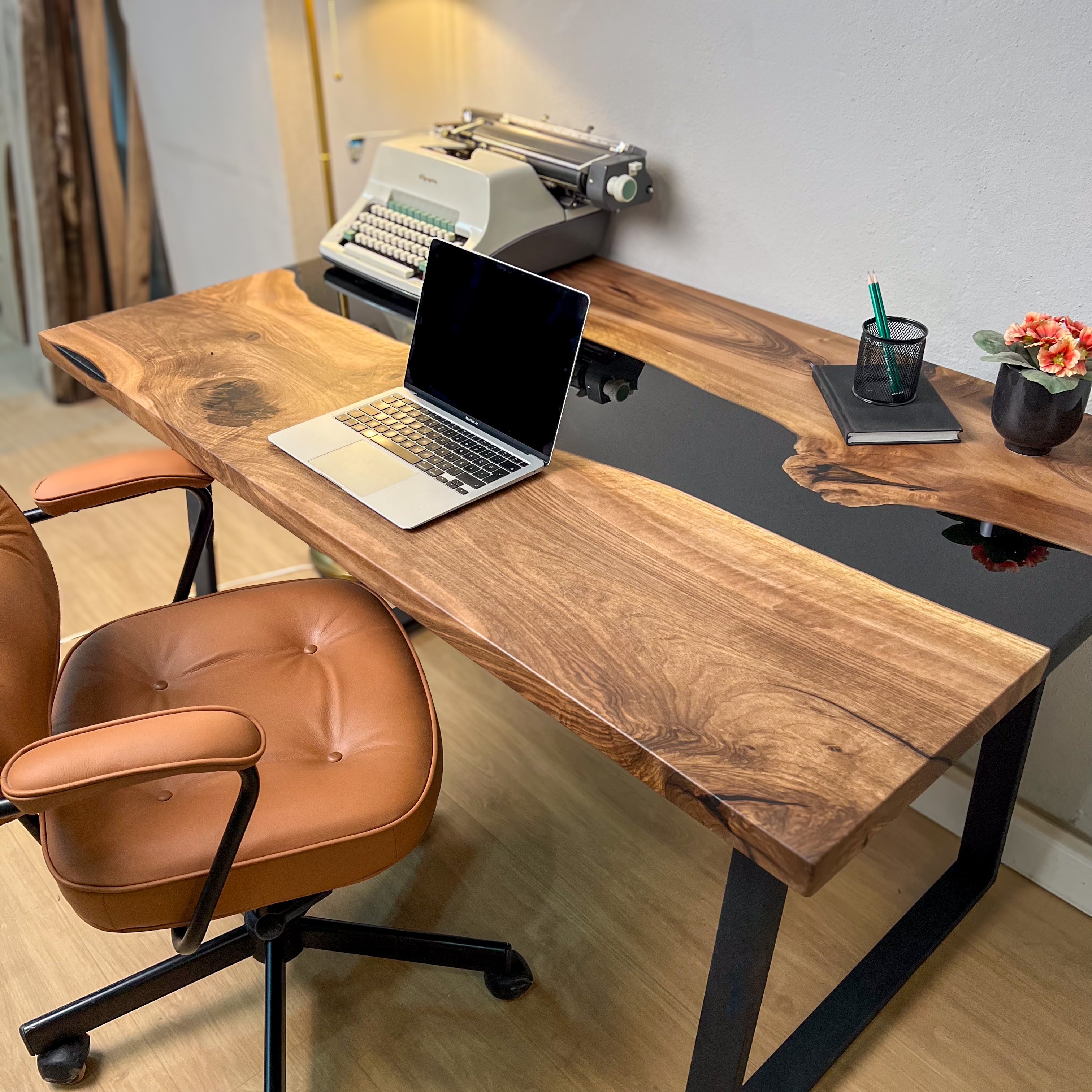 Black River Epoxy Office Desk, Solid Walnut Wood