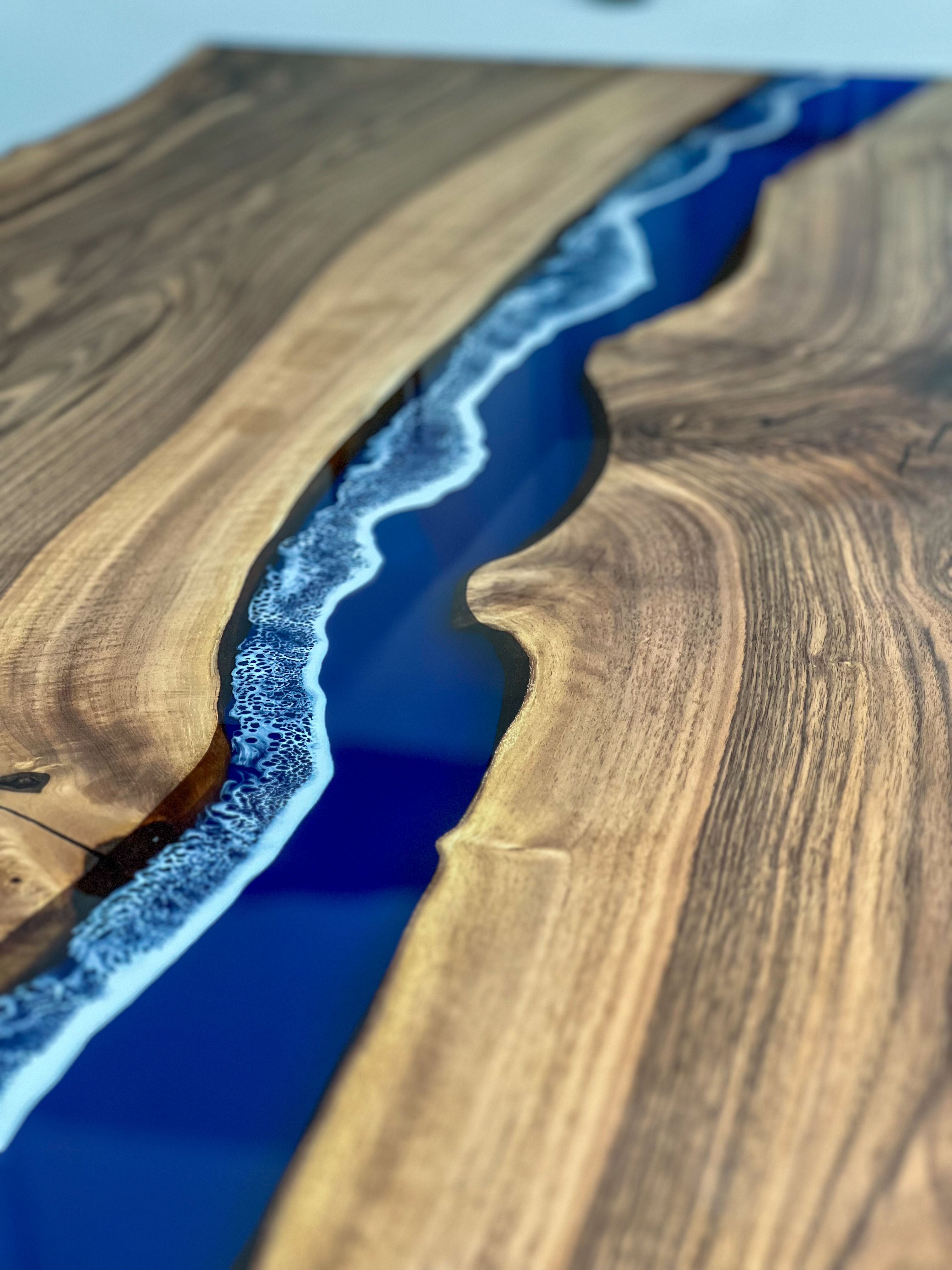 Live Edge Blue Ocean Epoxy Resin Walnut Dining Table | Kitchen Table | Office Table , Sea Table