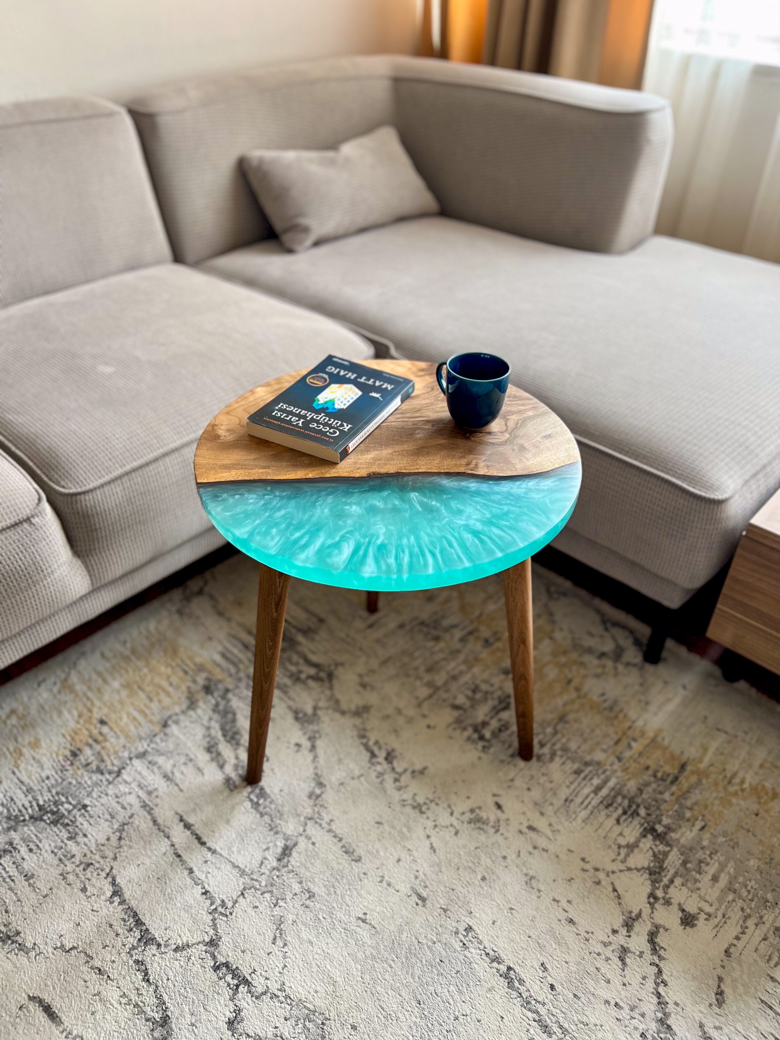 20" Round Walnut Resin Table with Blue Epoxy image