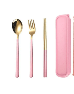 Paslanmaz Oval 4 Parça Kore Çatal Kaşık Bıçak Set Pembe