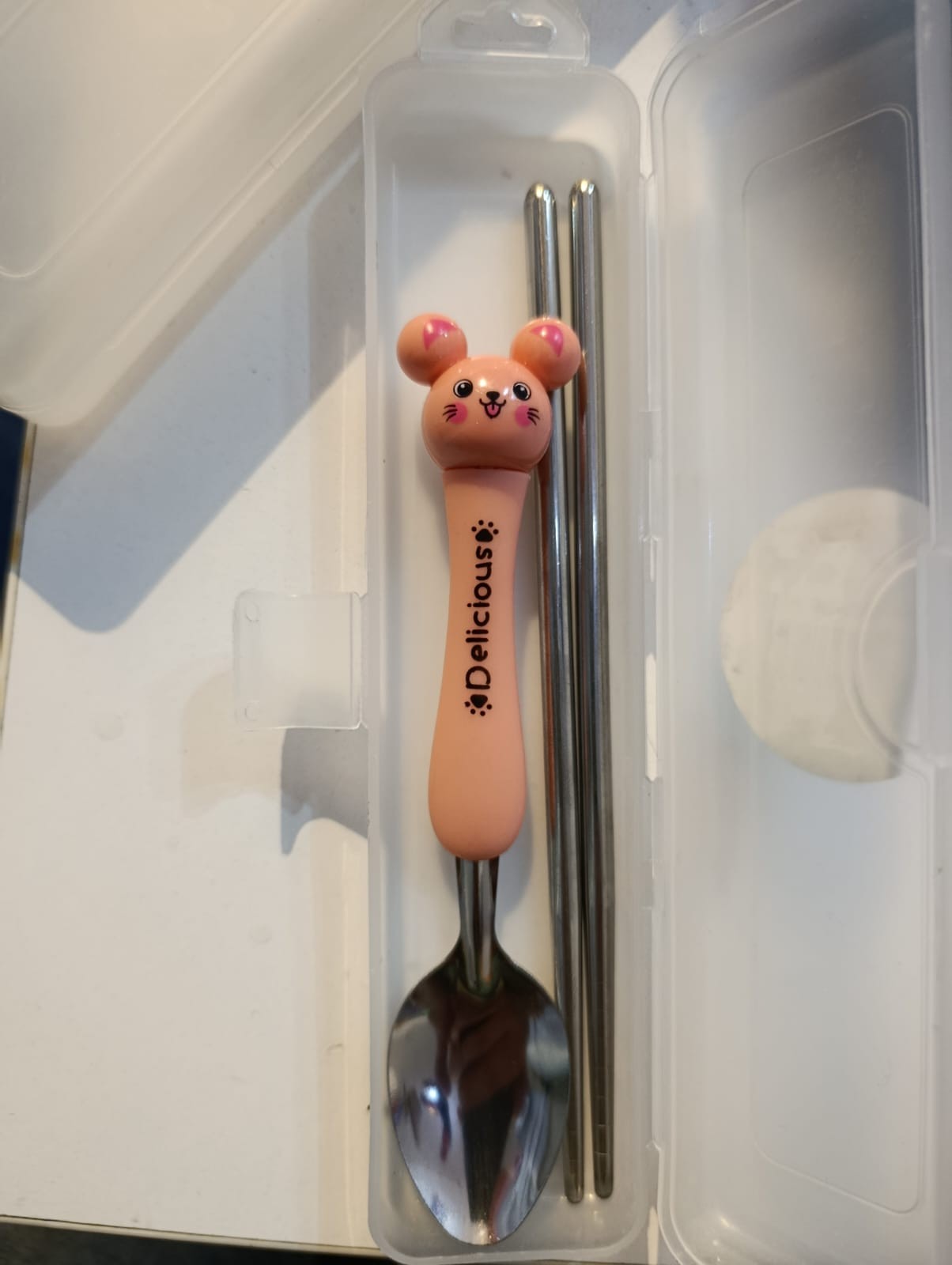 4 Parça Metal Desenli Çocuk Chopstick Set Pembe