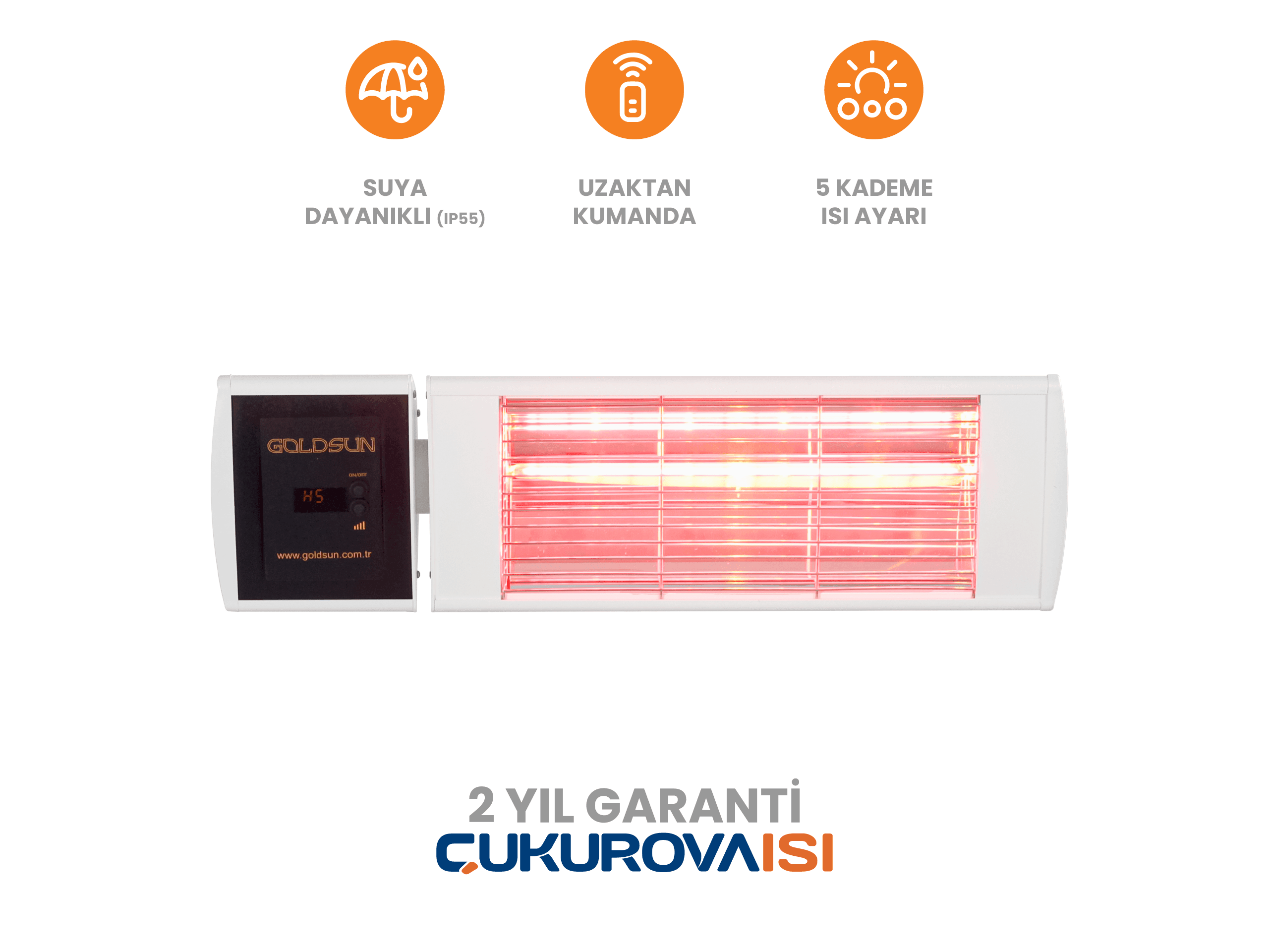 Goldsun Supra Plus 2000W Uzaktan Kumandalı Suya Dayanıklı (IP55) Duvar Tipi Dış Mekan Elektrikli Infrared Isıtıcı