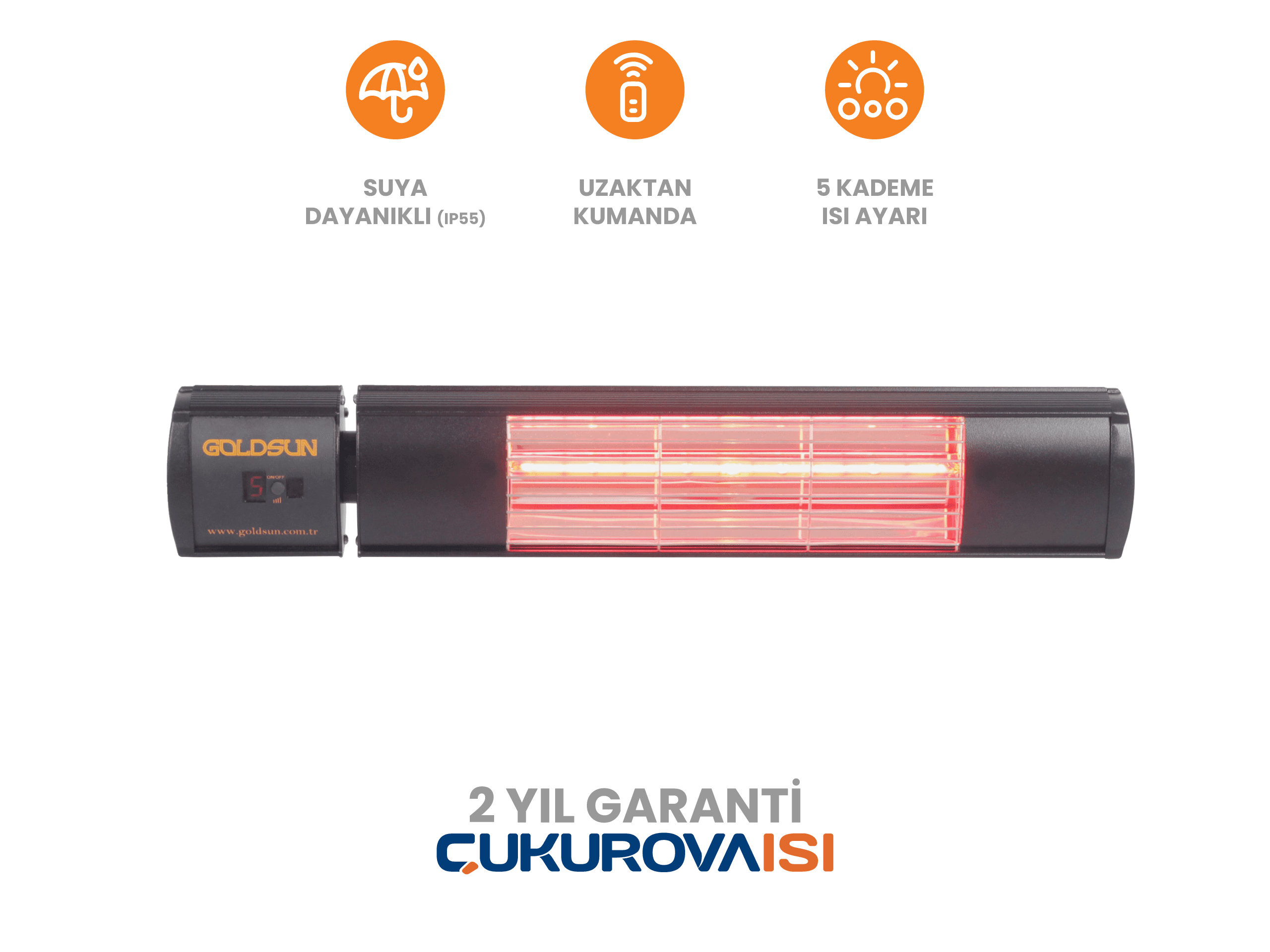 Goldsun Aqua Plus 2000W Uzaktan Kumandalı Suya Dayanıklı (IP55) Duvar Tipi Dış Mekan Elektrikli Infrared Isıtıcı - Siyah