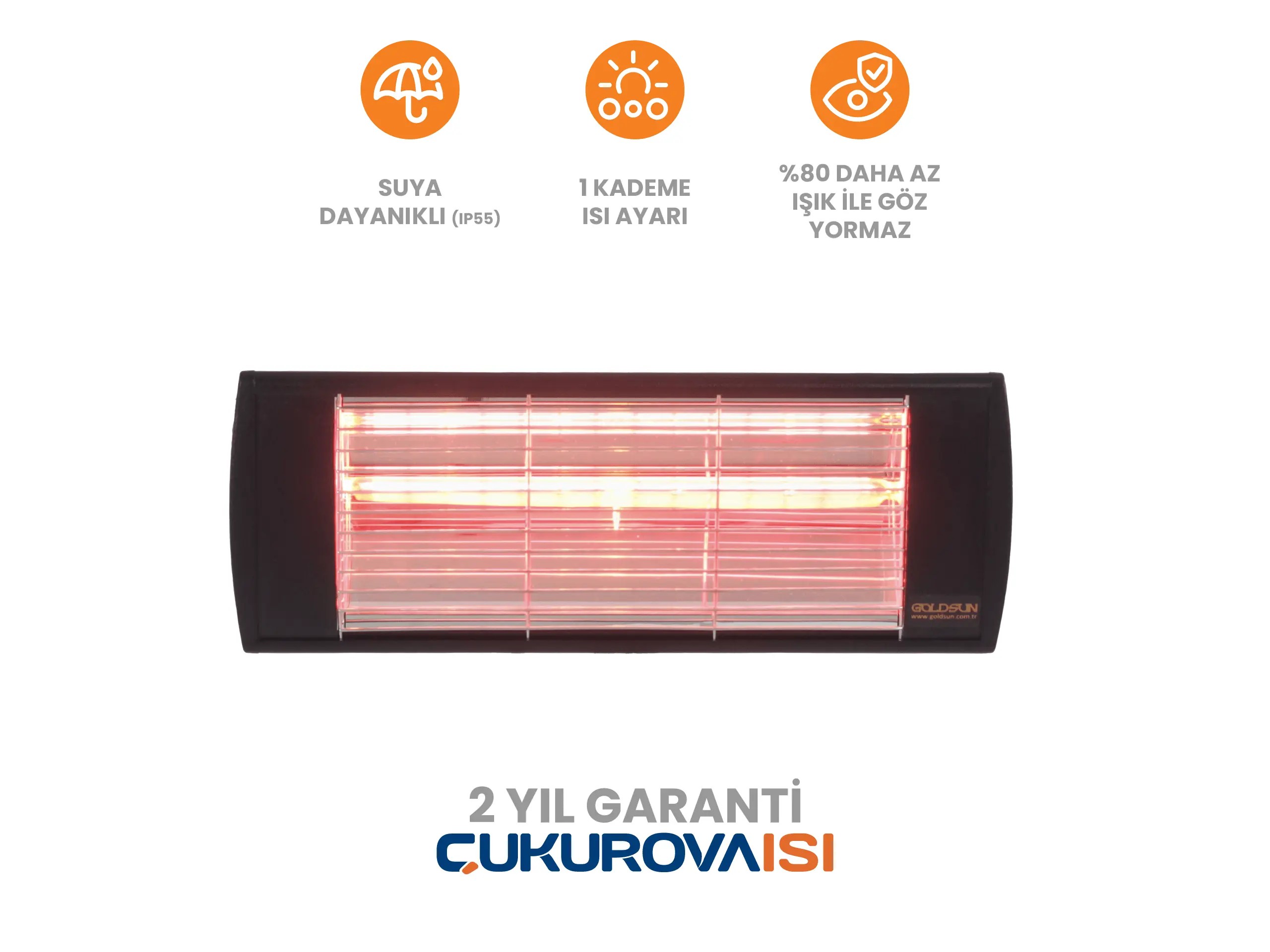 Goldsun Supra 2000W Suya Dayanıklı (IP55) %80 Az Işıklı Göz Yormayan Duvar Tipi Dış Mekan Elektrikli Infrared Isıtıcı